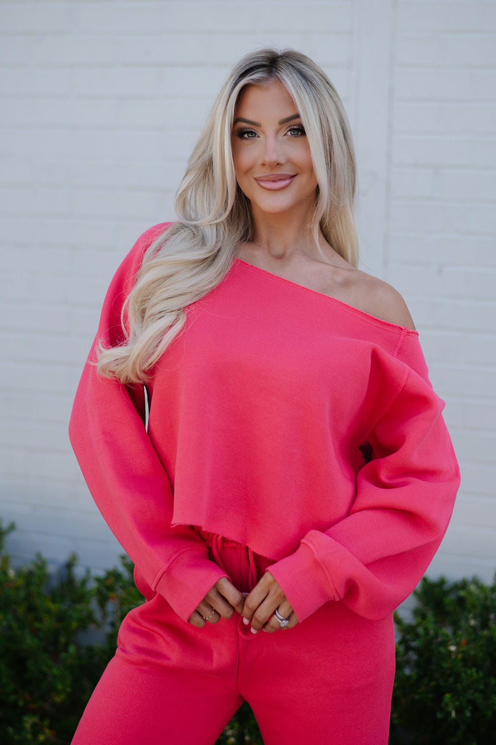 Fleece Off The Shoulder Top-Cherry