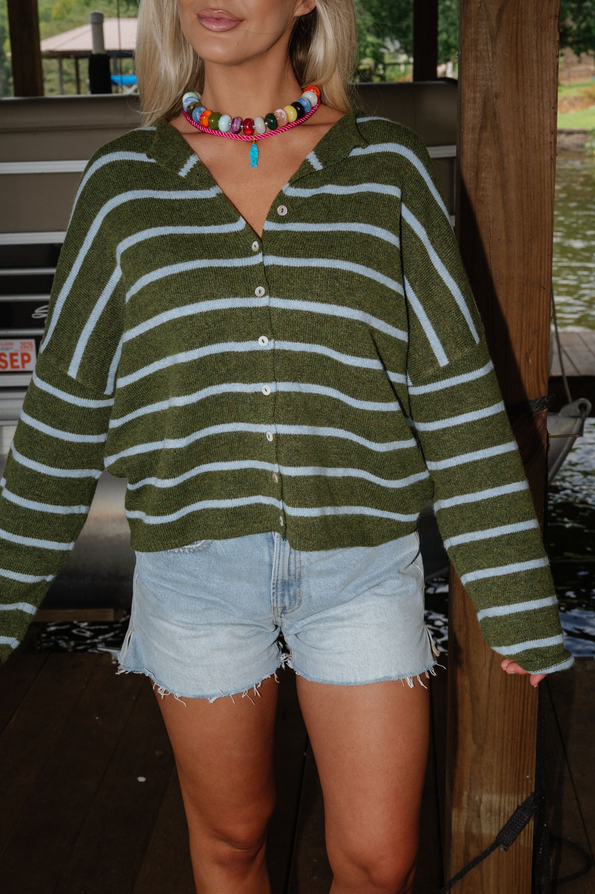 Cabana Striped Cardigan-Olive/Blue