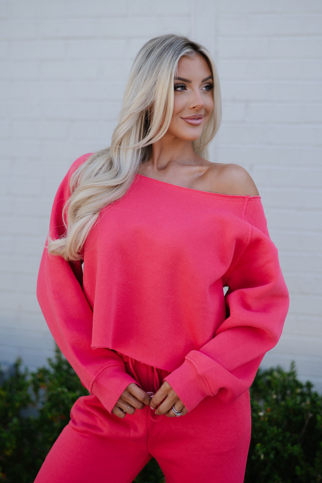 Fleece Off The Shoulder Top-Cherry