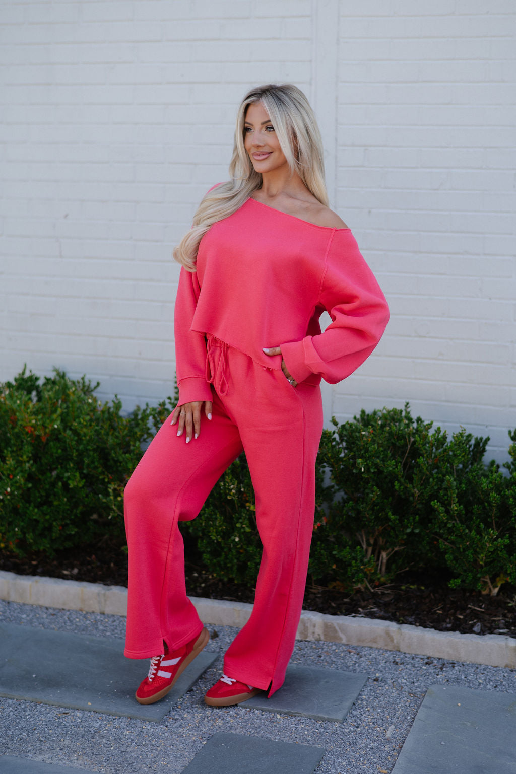 Fleece Off The Shoulder Top-Cherry