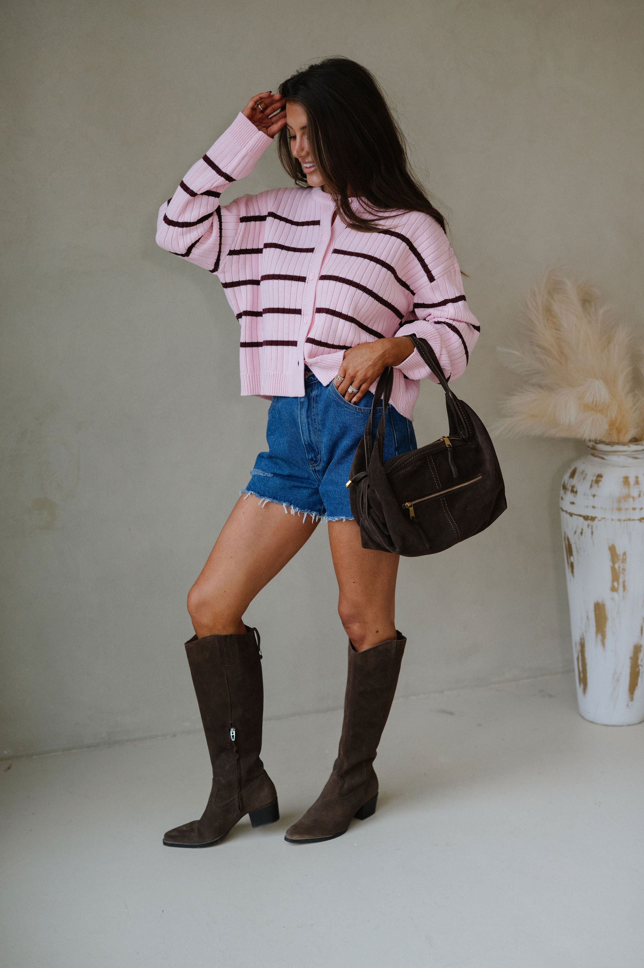 Wide Ribbed Stripe Sweater Cardigan-Pink/Burgundy Stripe