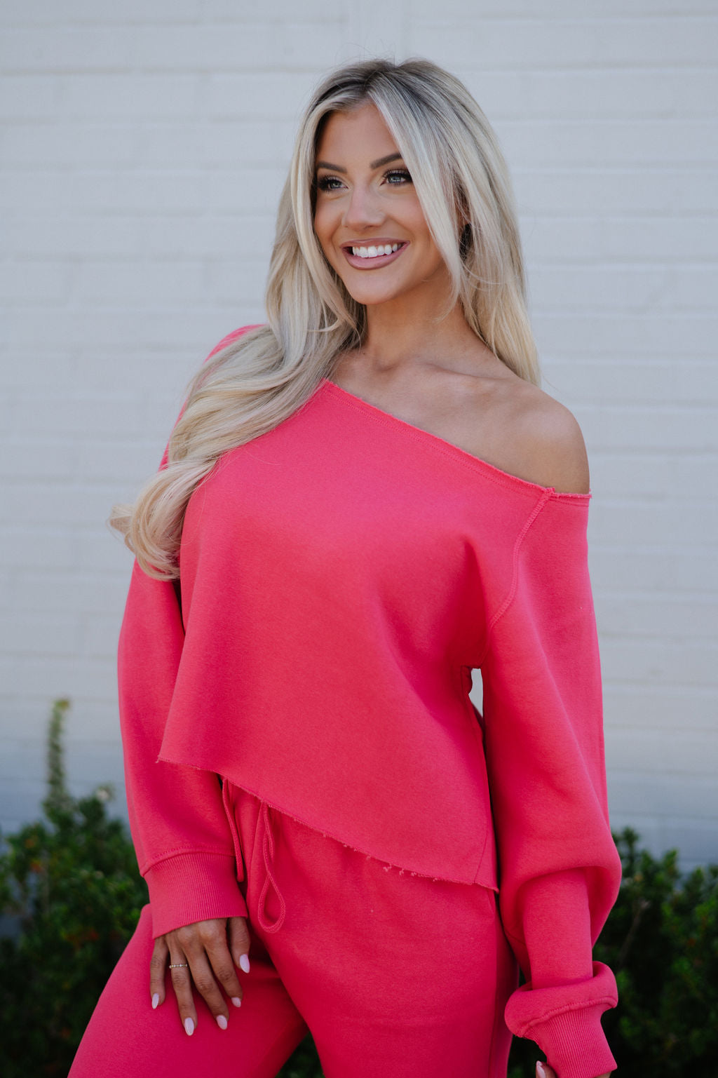 Fleece Off The Shoulder Top-Cherry