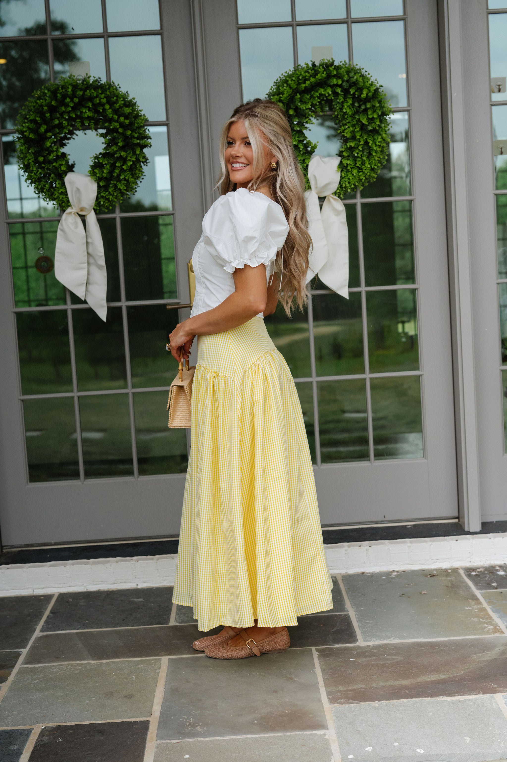 Stevie Gingham Maxi Skirt-Lemon/White