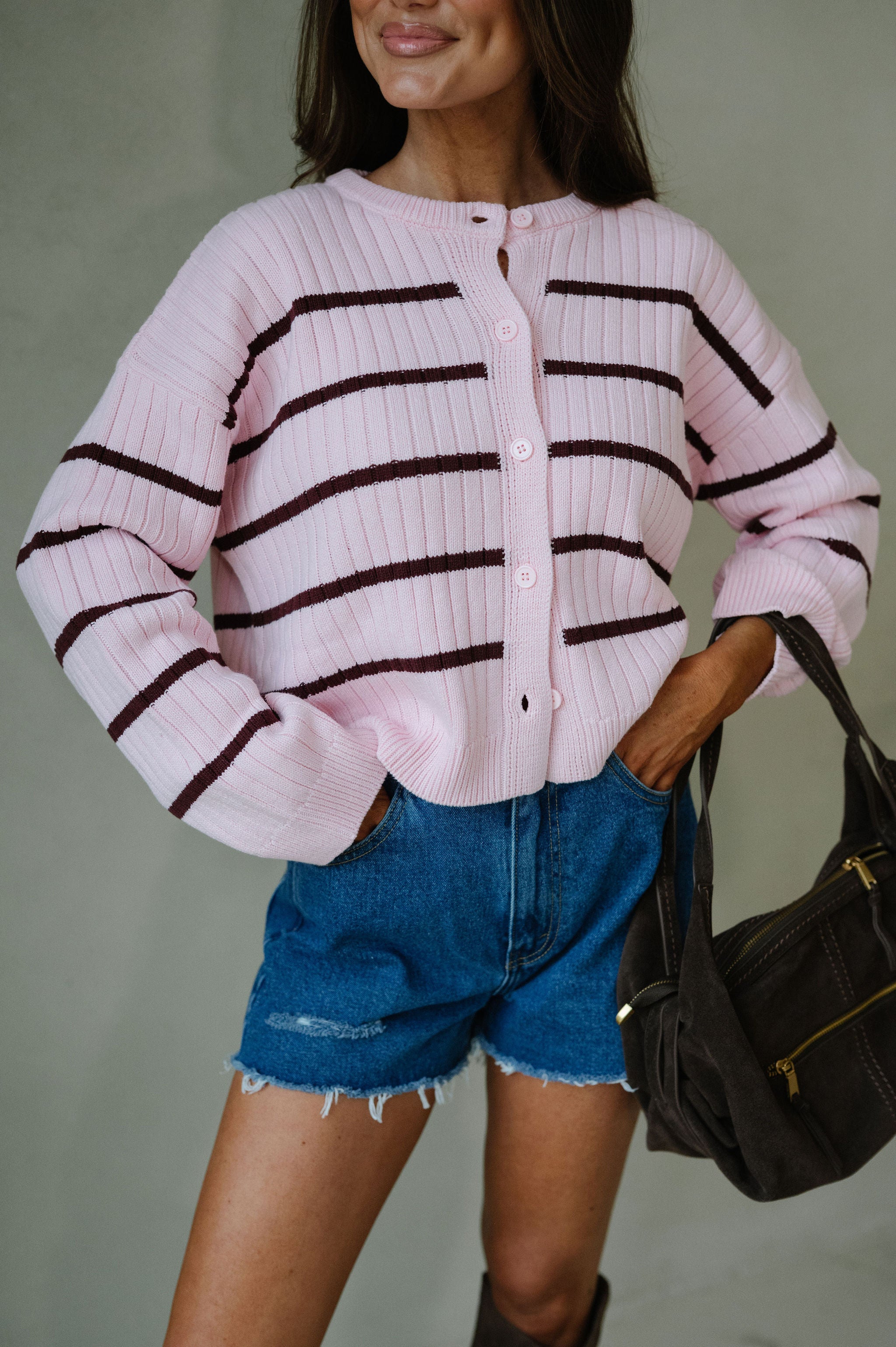 Wide Ribbed Stripe Sweater Cardigan-Pink/Burgundy Stripe