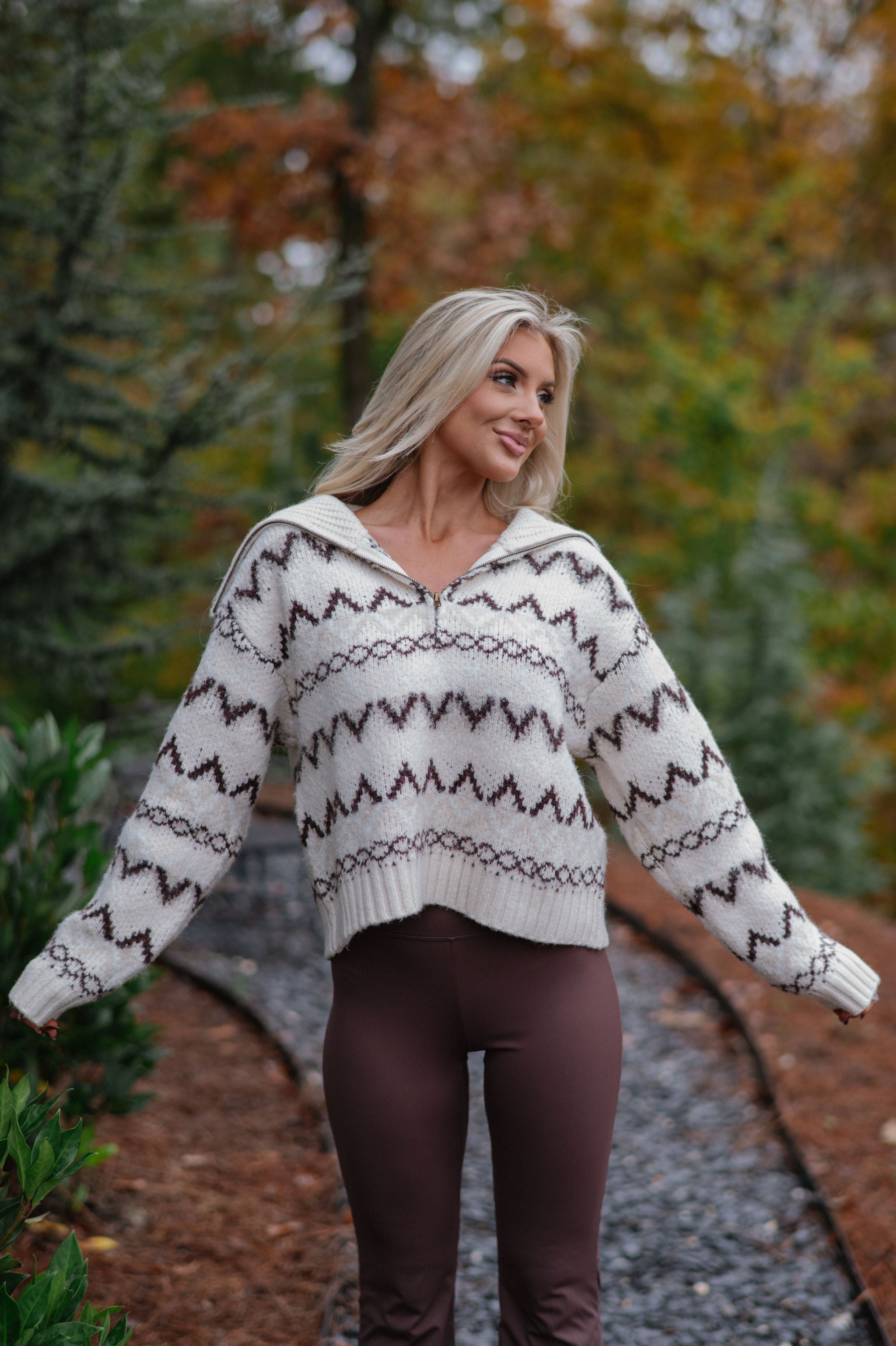 Dallas Half Zip Pullover-Cream/Brown