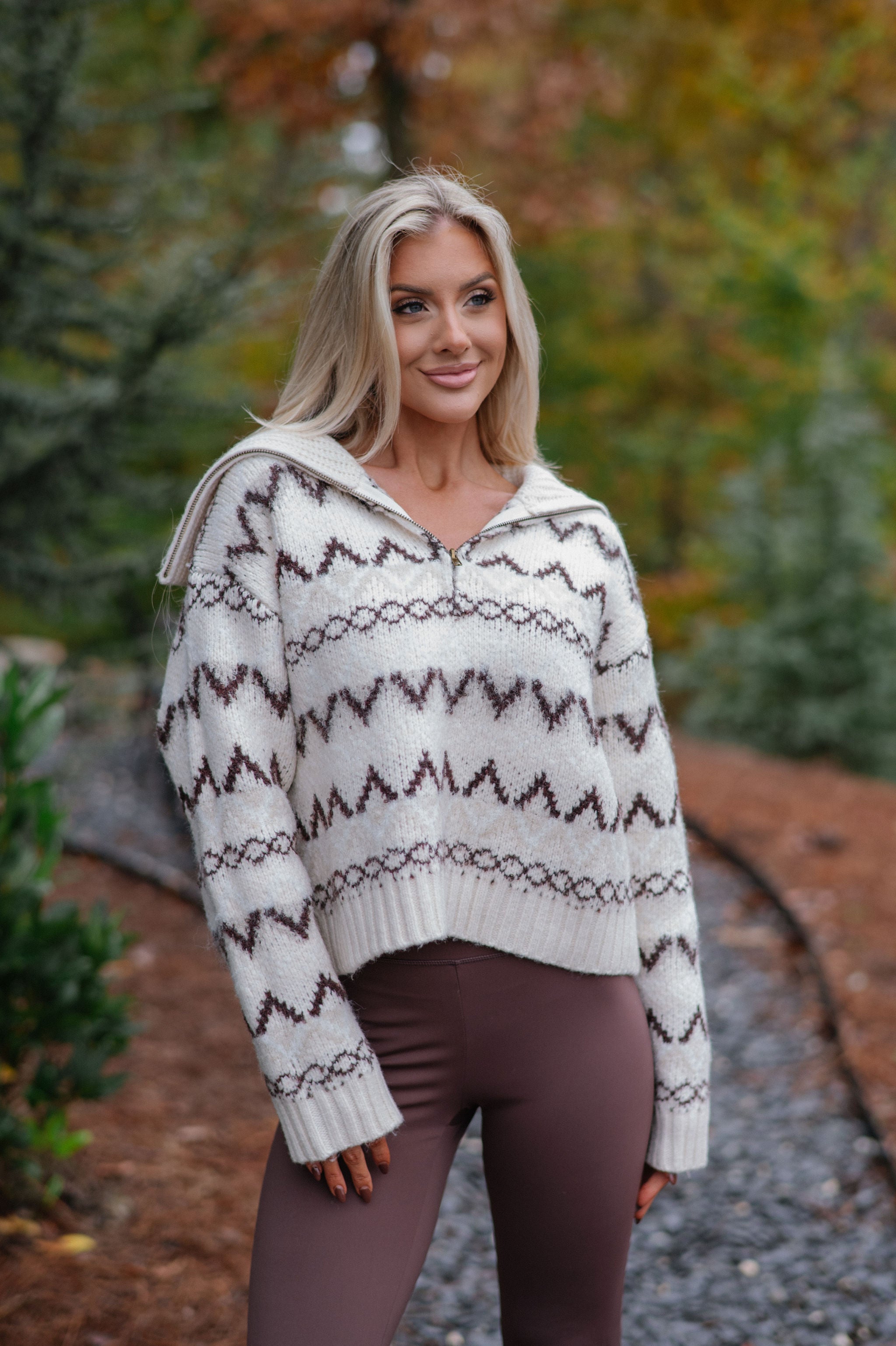 Dallas Half Zip Pullover-Cream/Brown