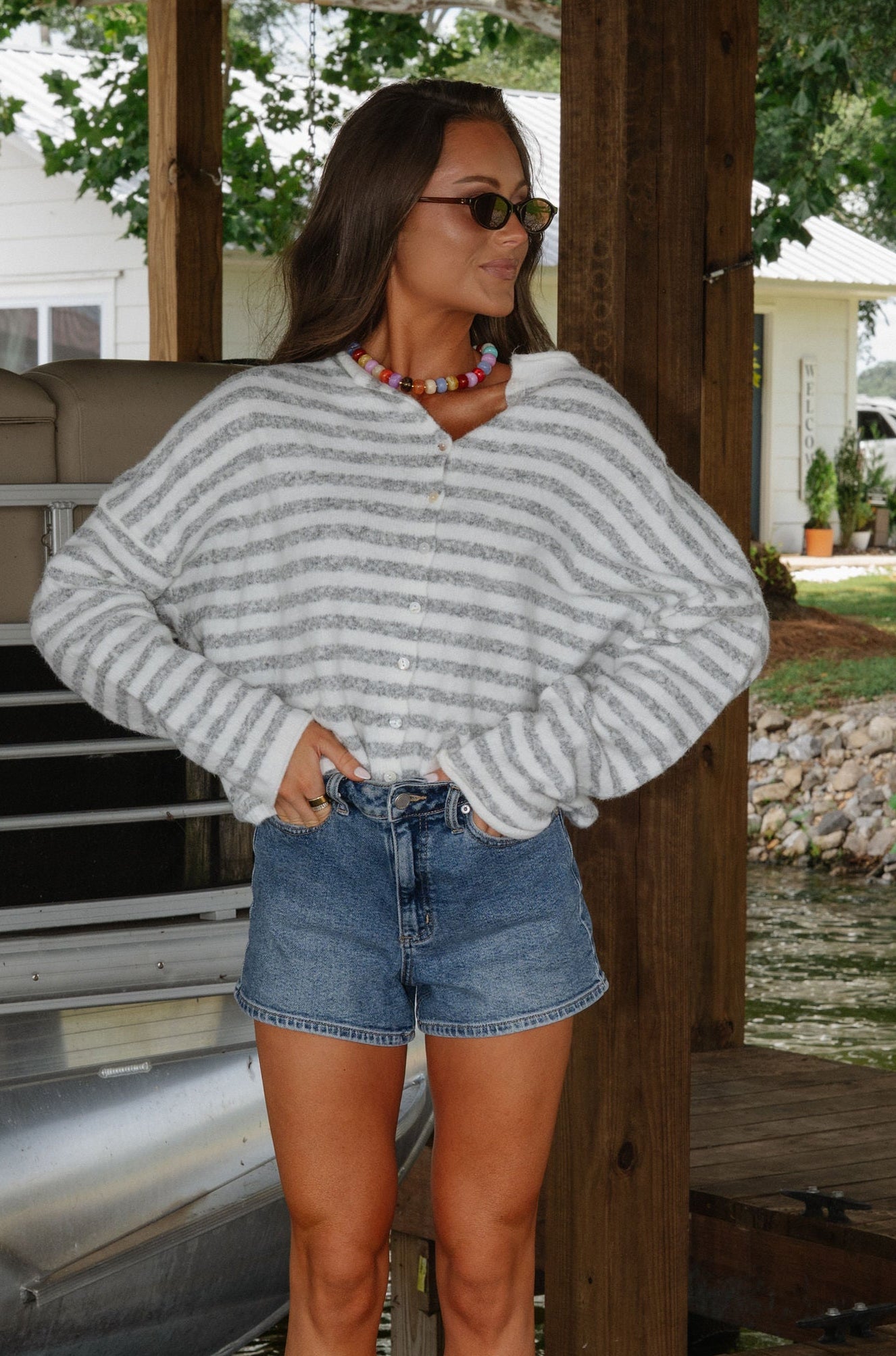 Sony Striped Cardigan-Ivory/Heathered Grey