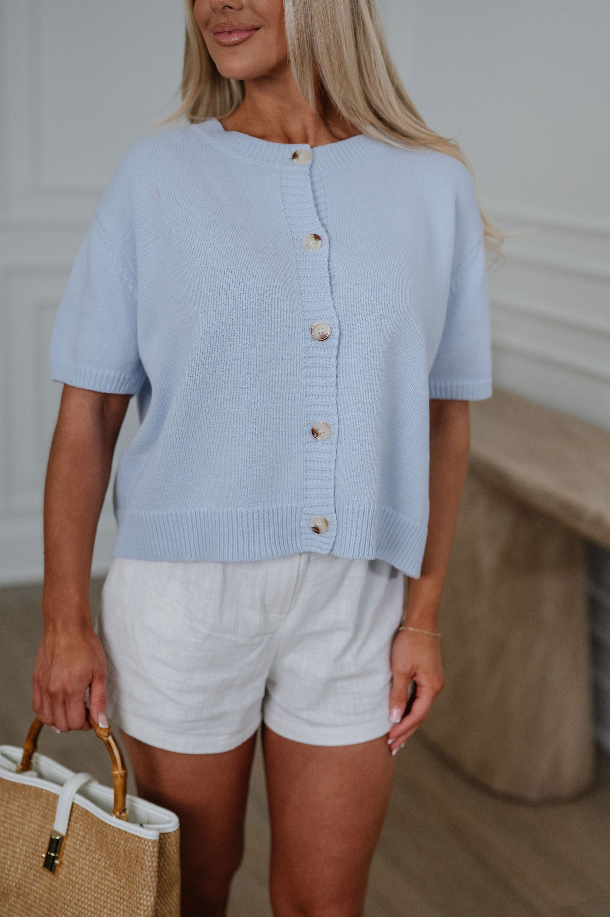 Short Sleeve Sweater Cardigan-Baby Blue