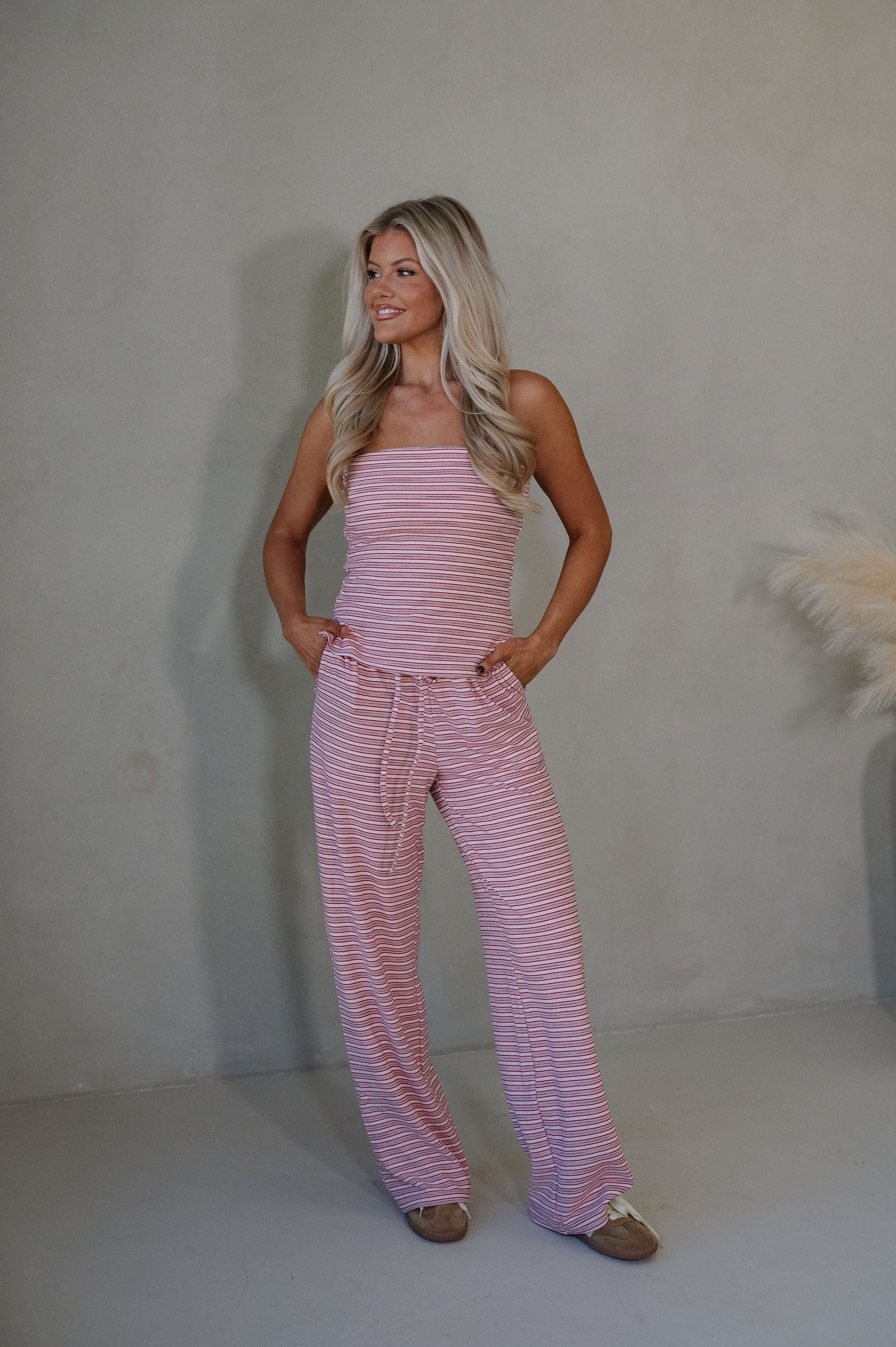 Brushed Striped Pants Set-Strawberry
