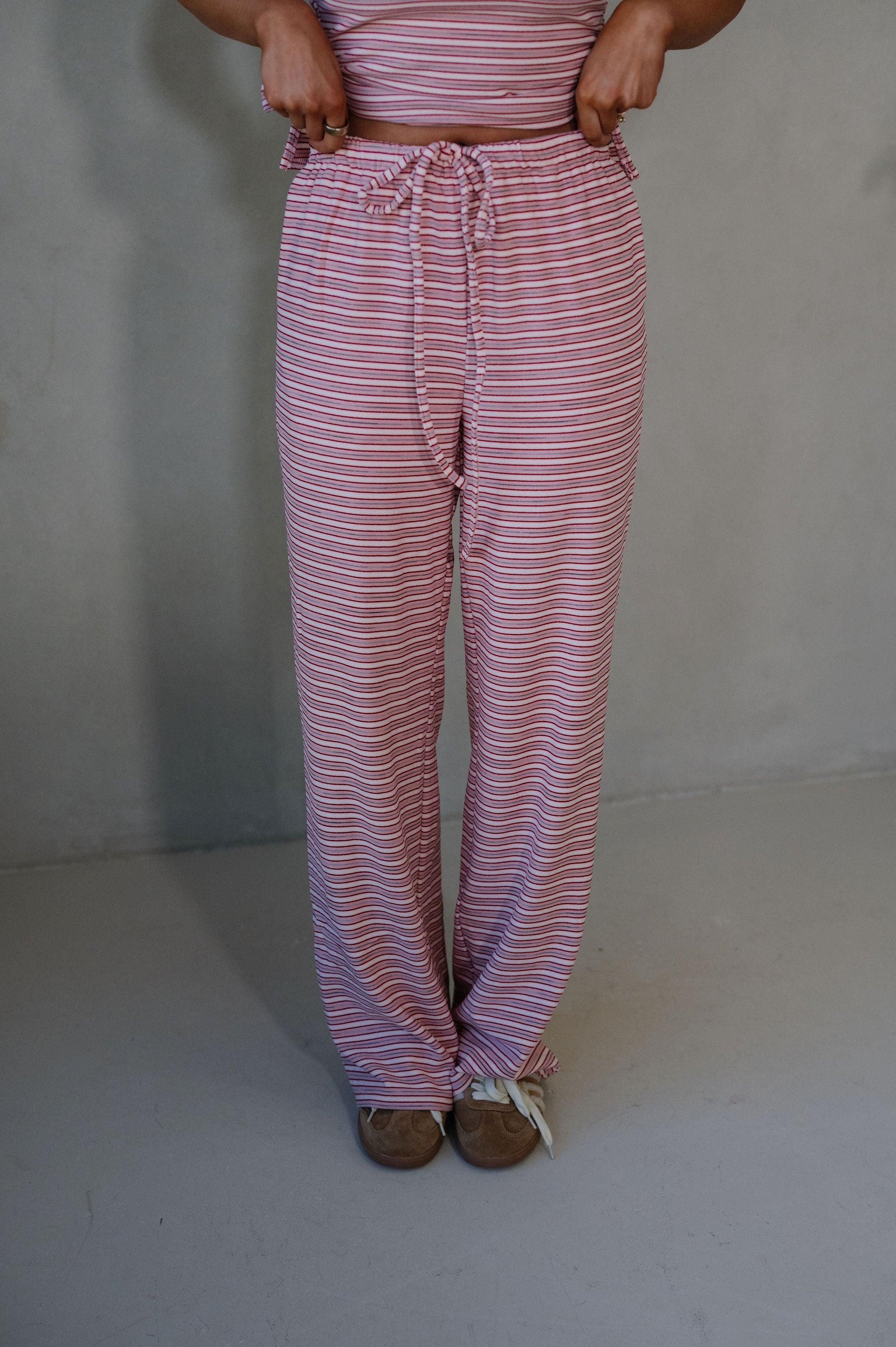 Brushed Striped Pants Set-Strawberry