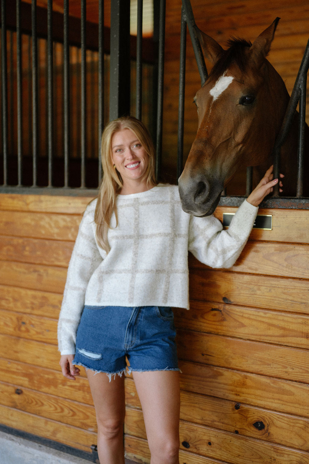 Cropped Grid Sweater- Ivory