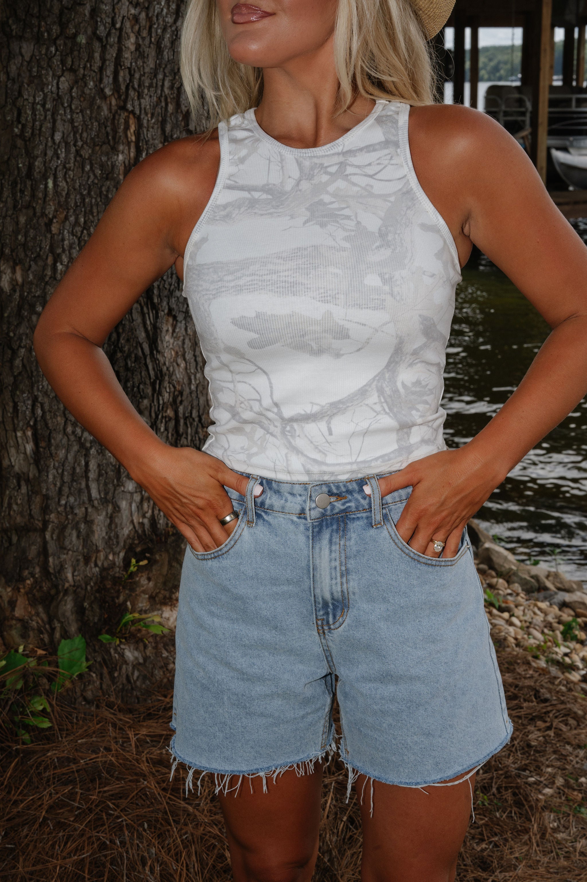 Camo Racer Back Tank Top-Cream