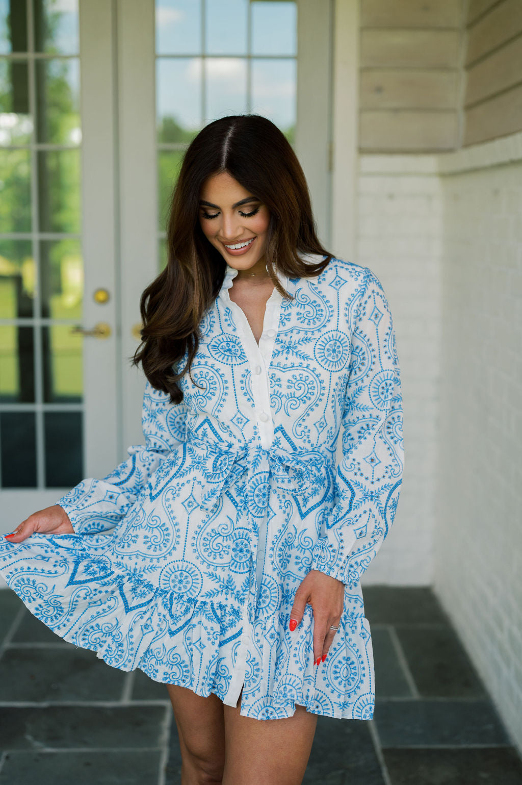 Collared Embroidered Dress-Marine Blue