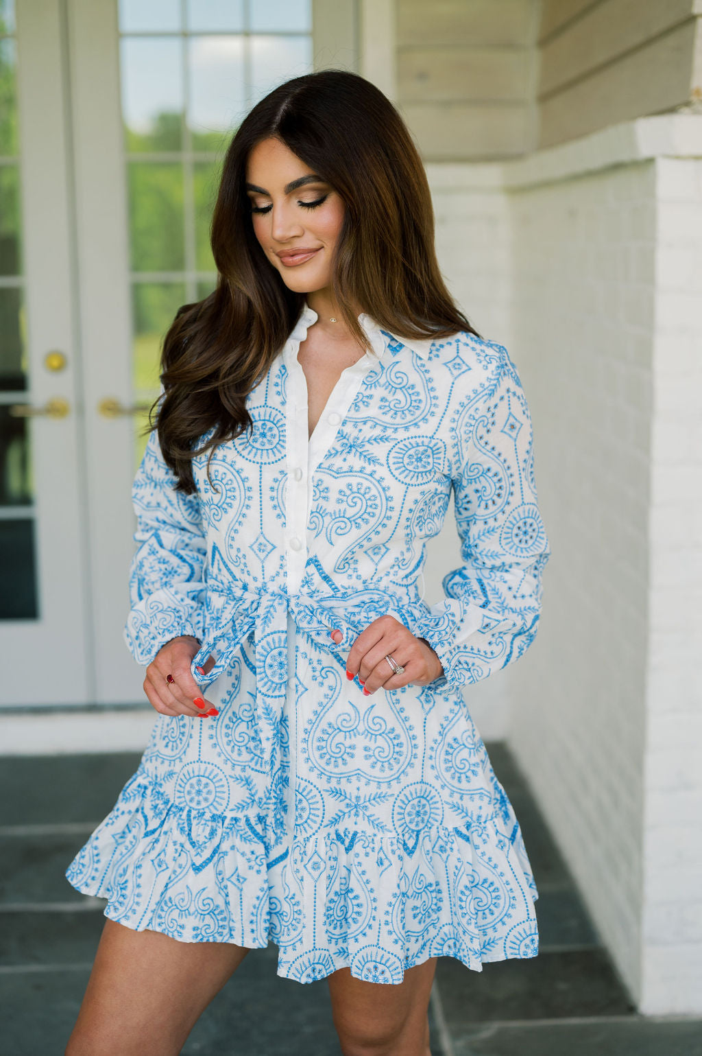 Collared Embroidered Dress-Marine Blue