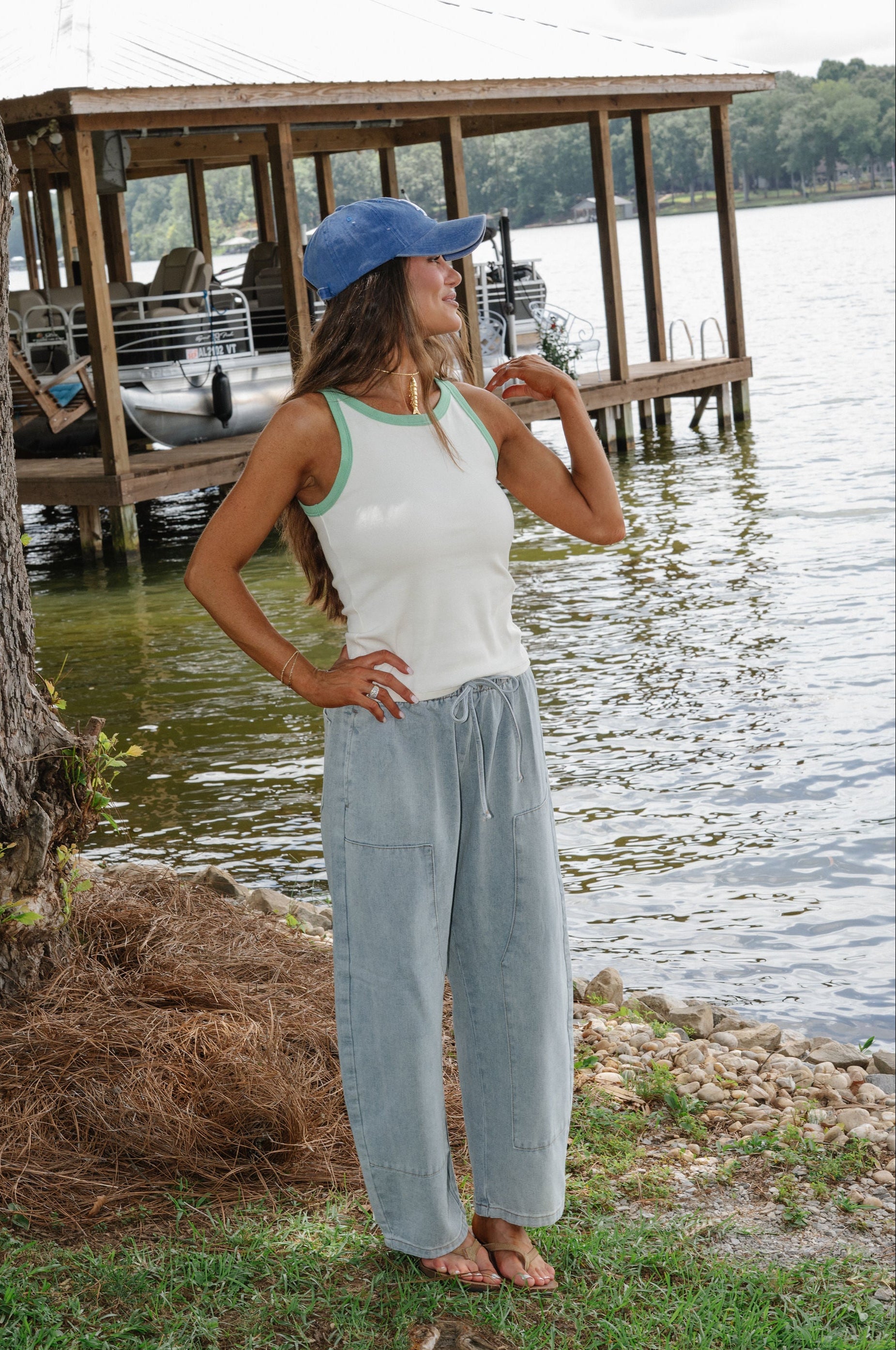 Contrast Ribbed Tank- Cream/Green