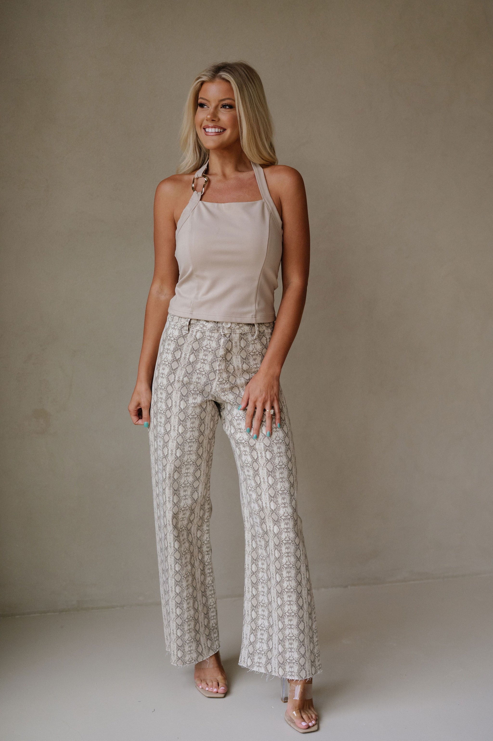 Corie Snake Printed Pants-Beige