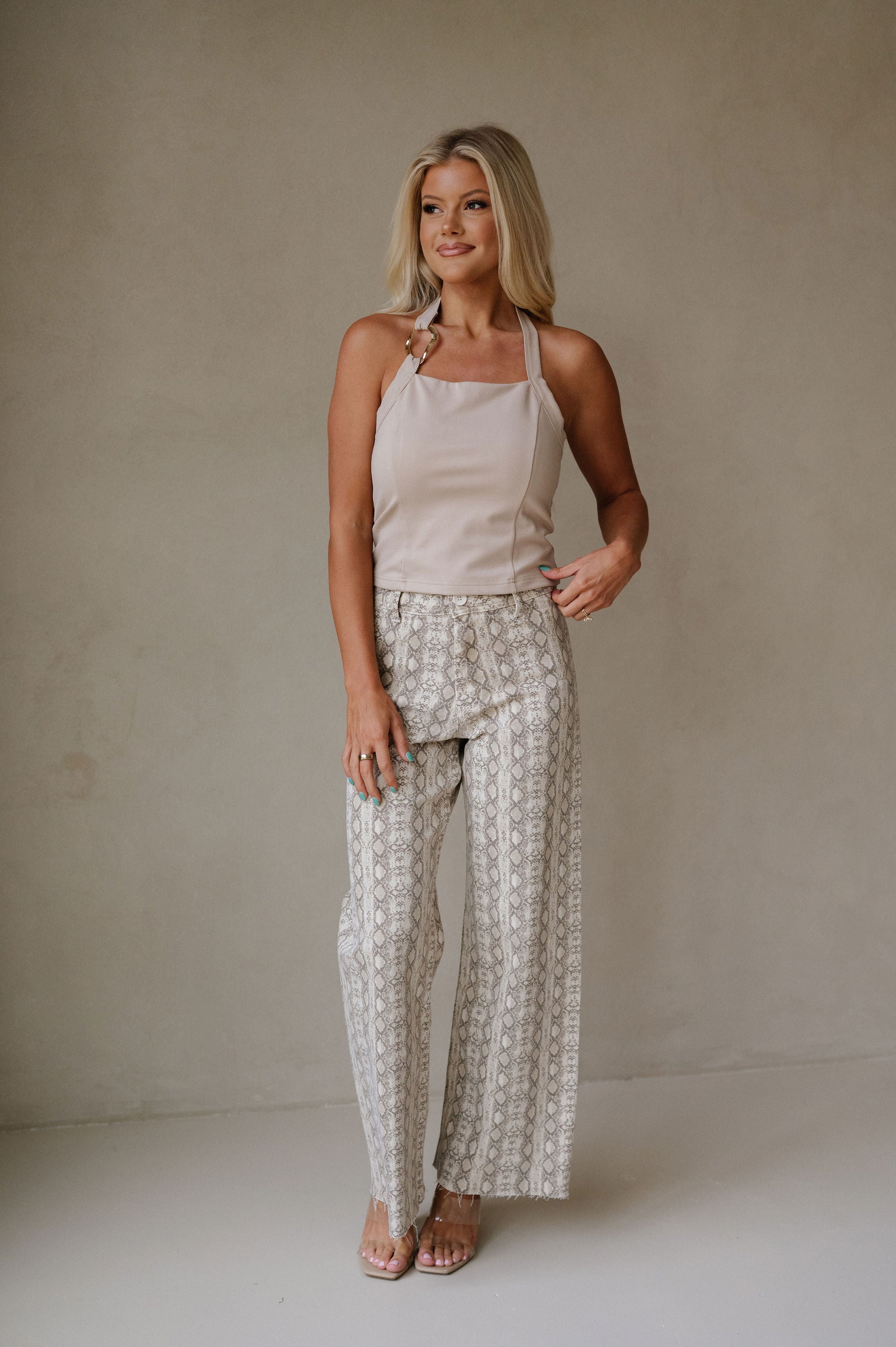 Corie Snake Printed Pants-Beige