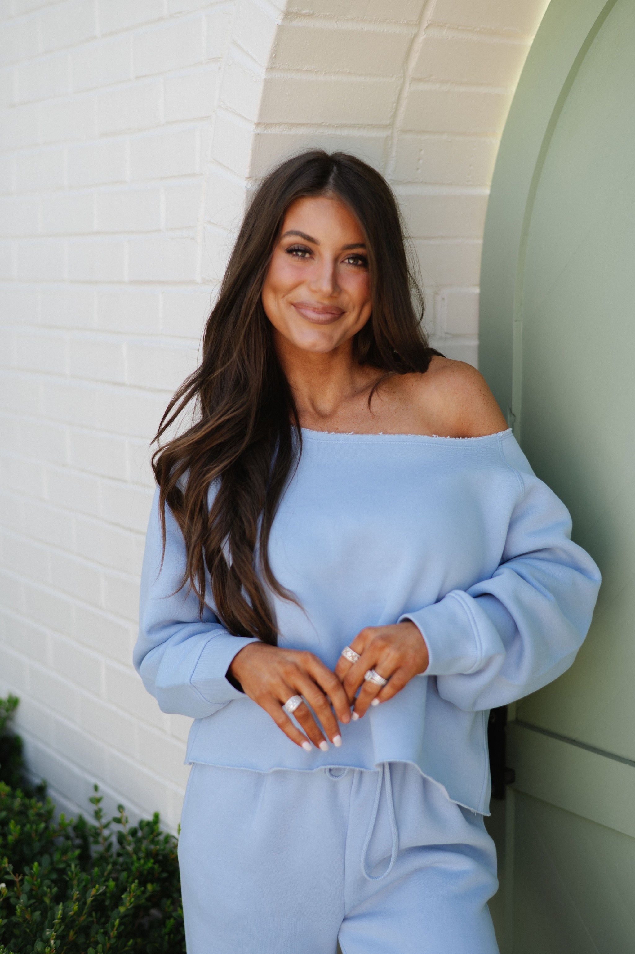 Fleece Off The Shoulder Top-Blue