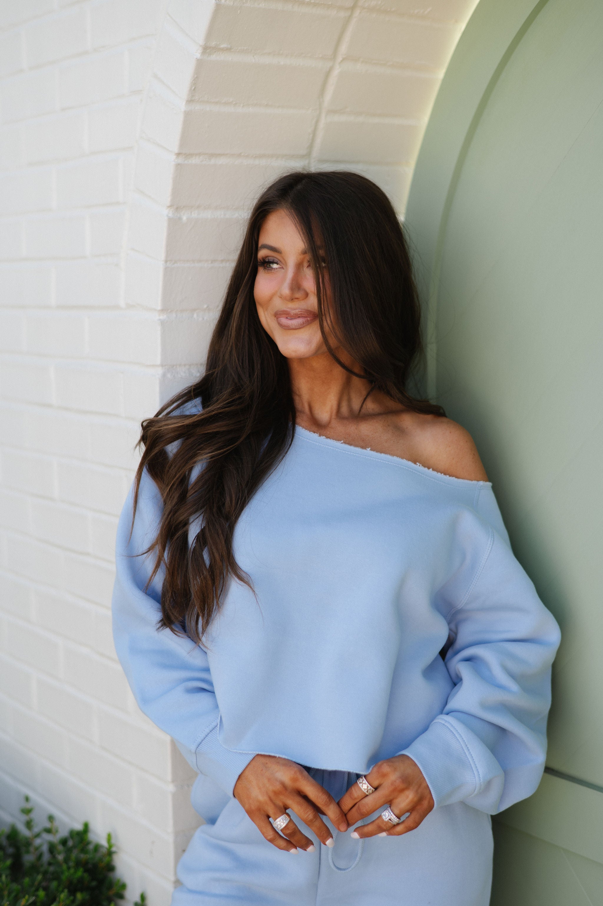 Fleece Off The Shoulder Top-Blue