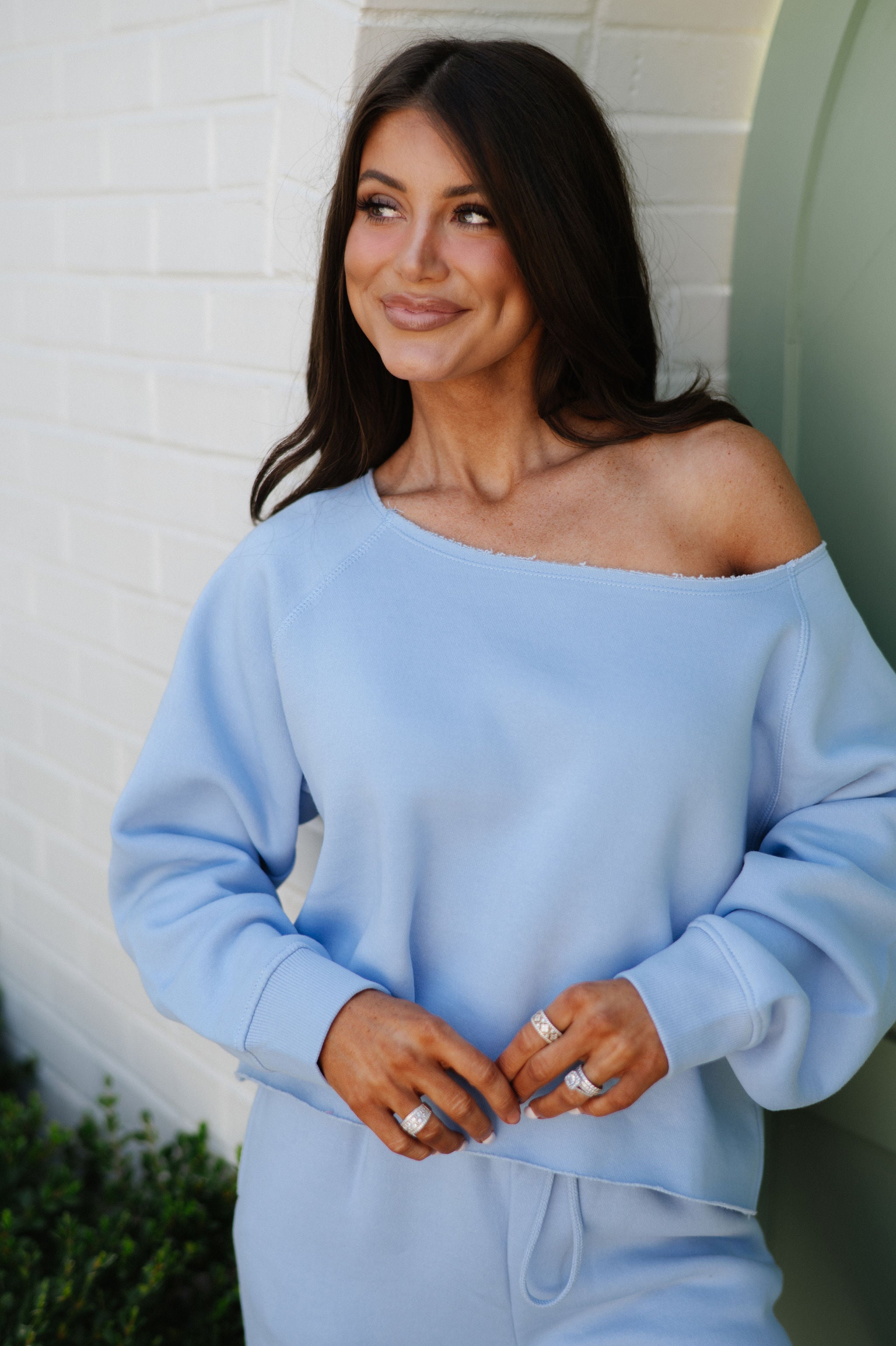 Fleece Off The Shoulder Top-Blue