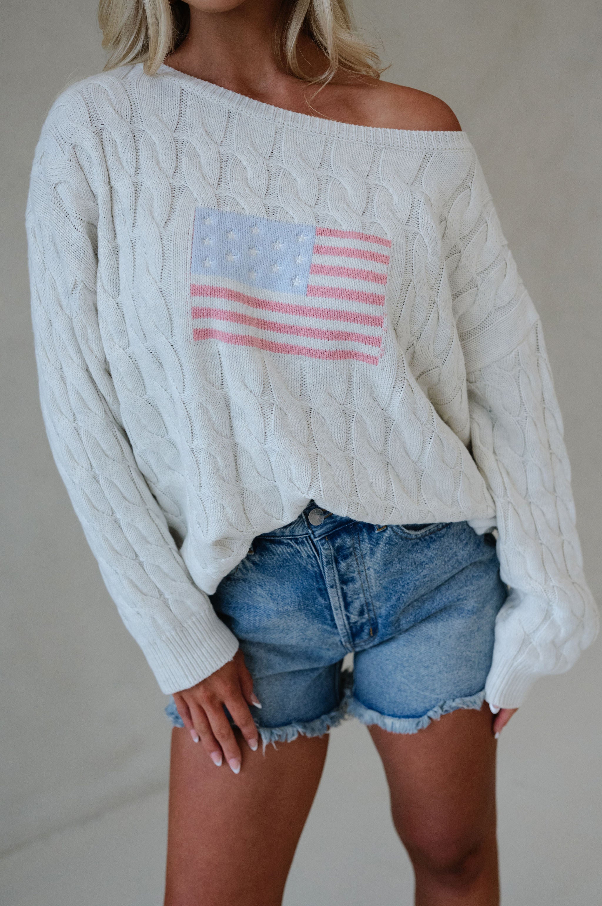 Boat Neck American Flag Sweater-Cream
