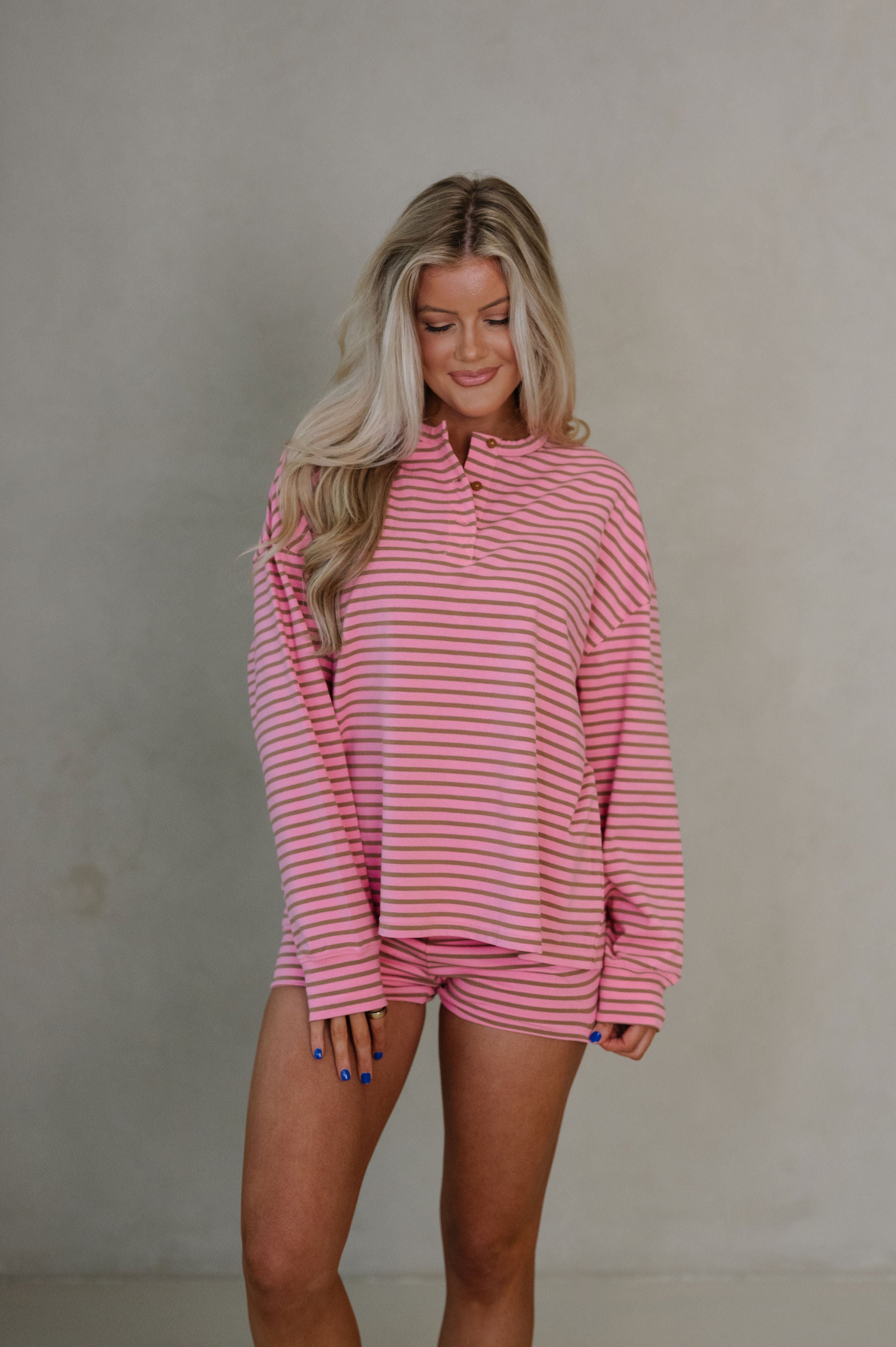Kelsey Striped Shorts Set-Pink/Brown