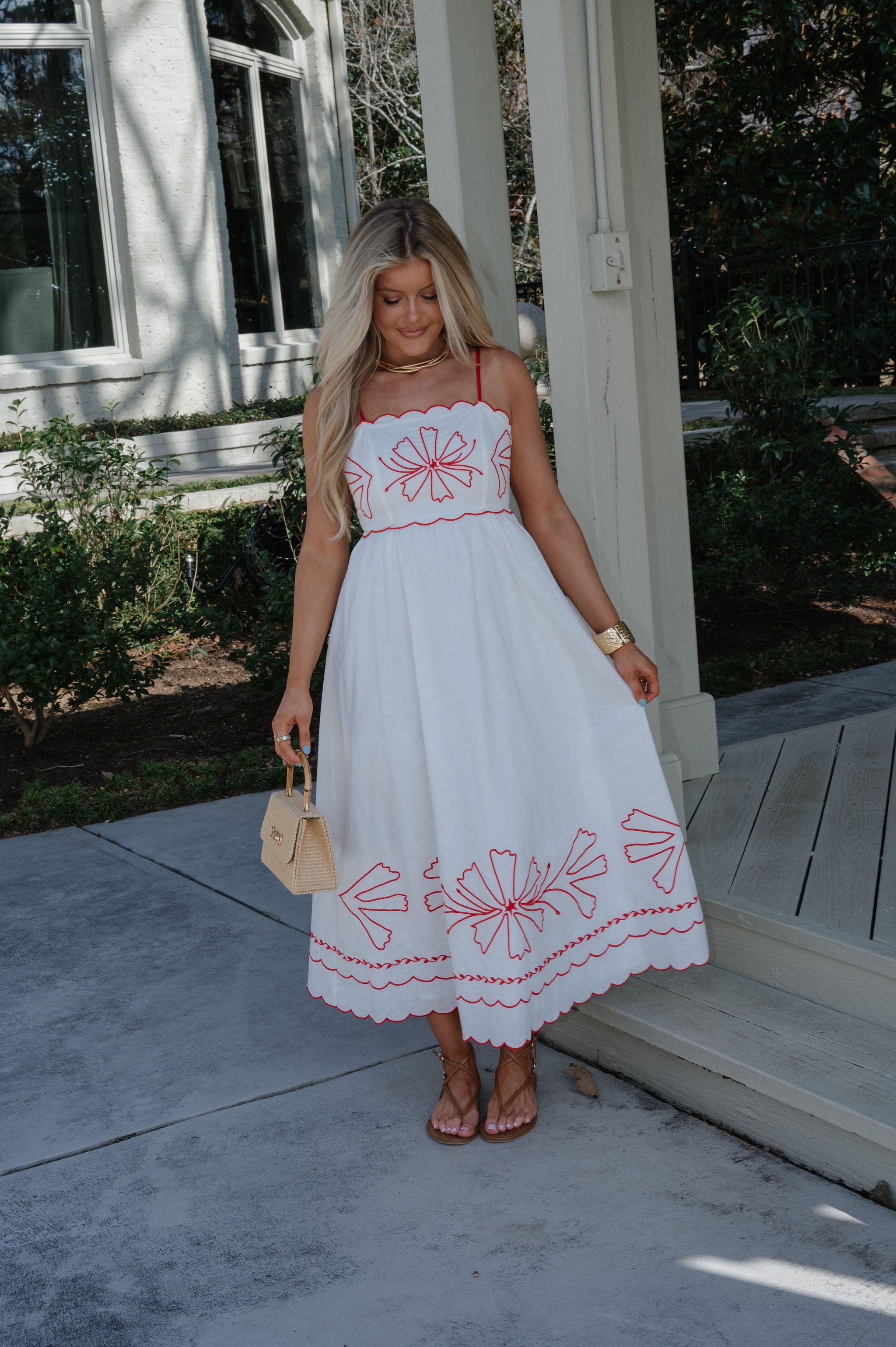 Corey Scalloped Detail Midi Dress-Red