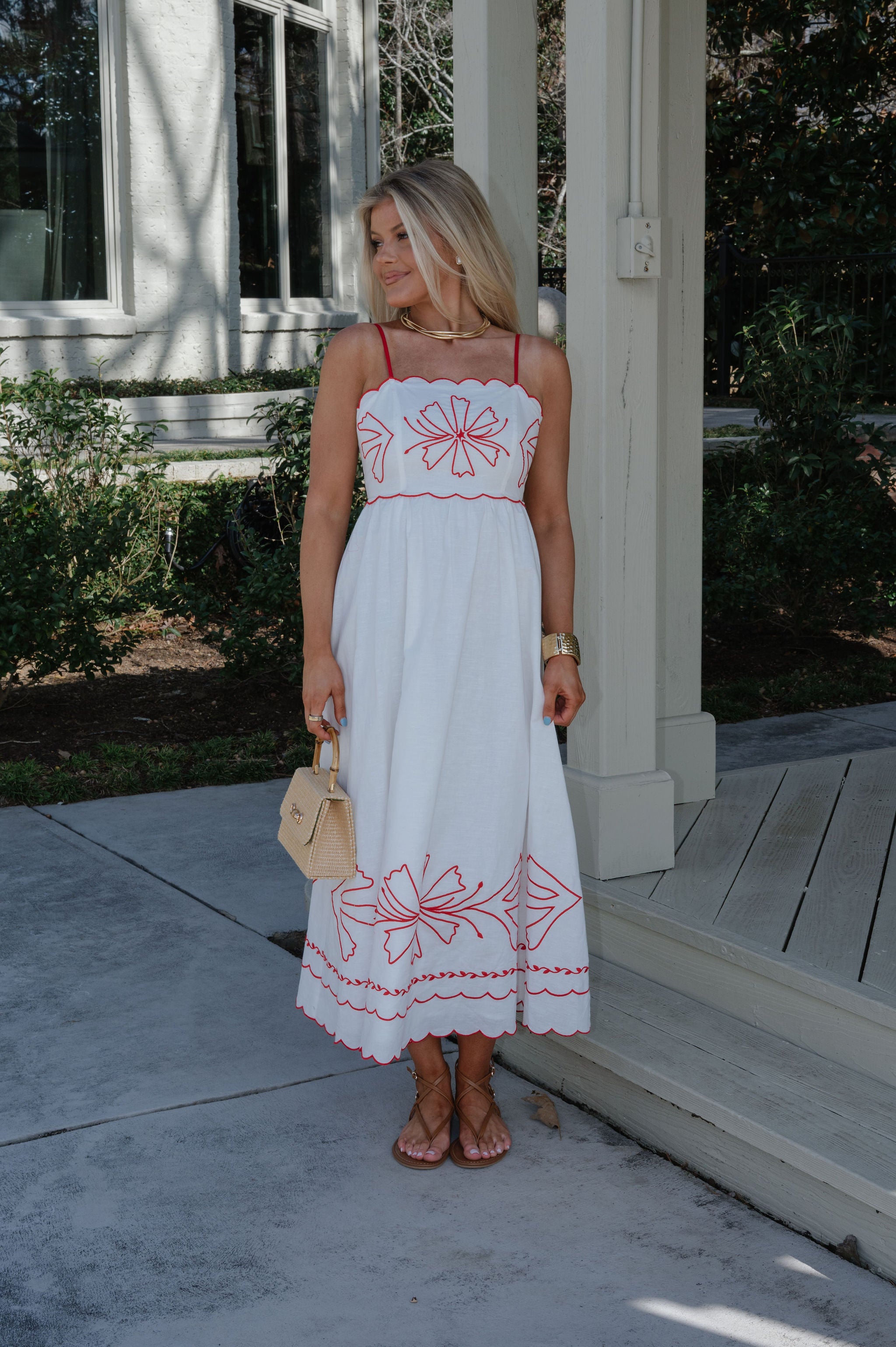 Corey Scalloped Detail Midi Dress-Red