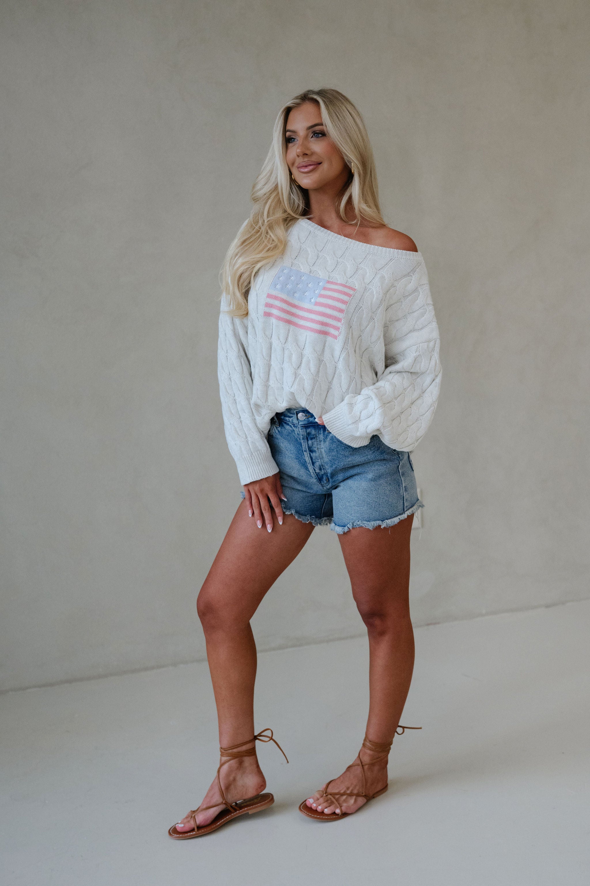 Boat Neck American Flag Sweater-Cream