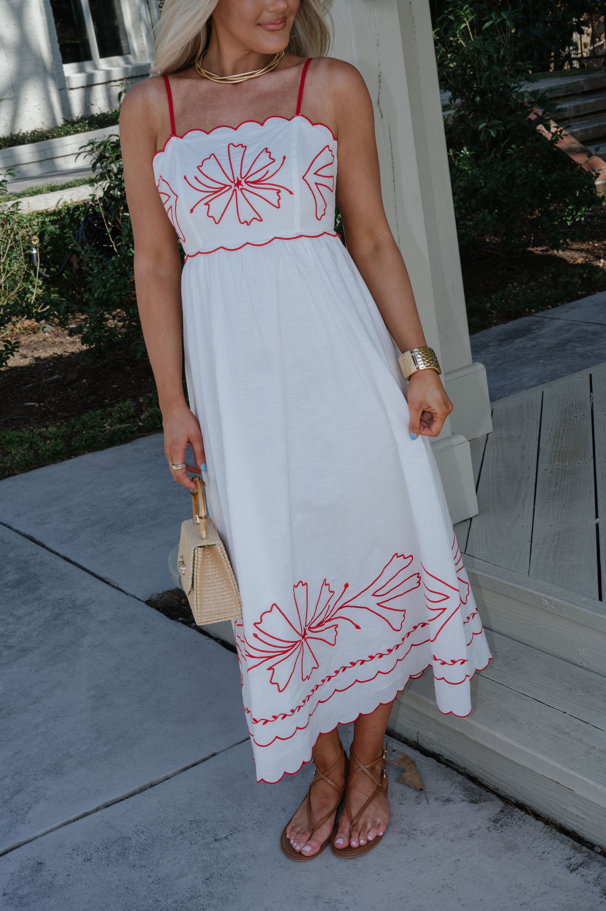 Corey Scalloped Detail Midi Dress-Red