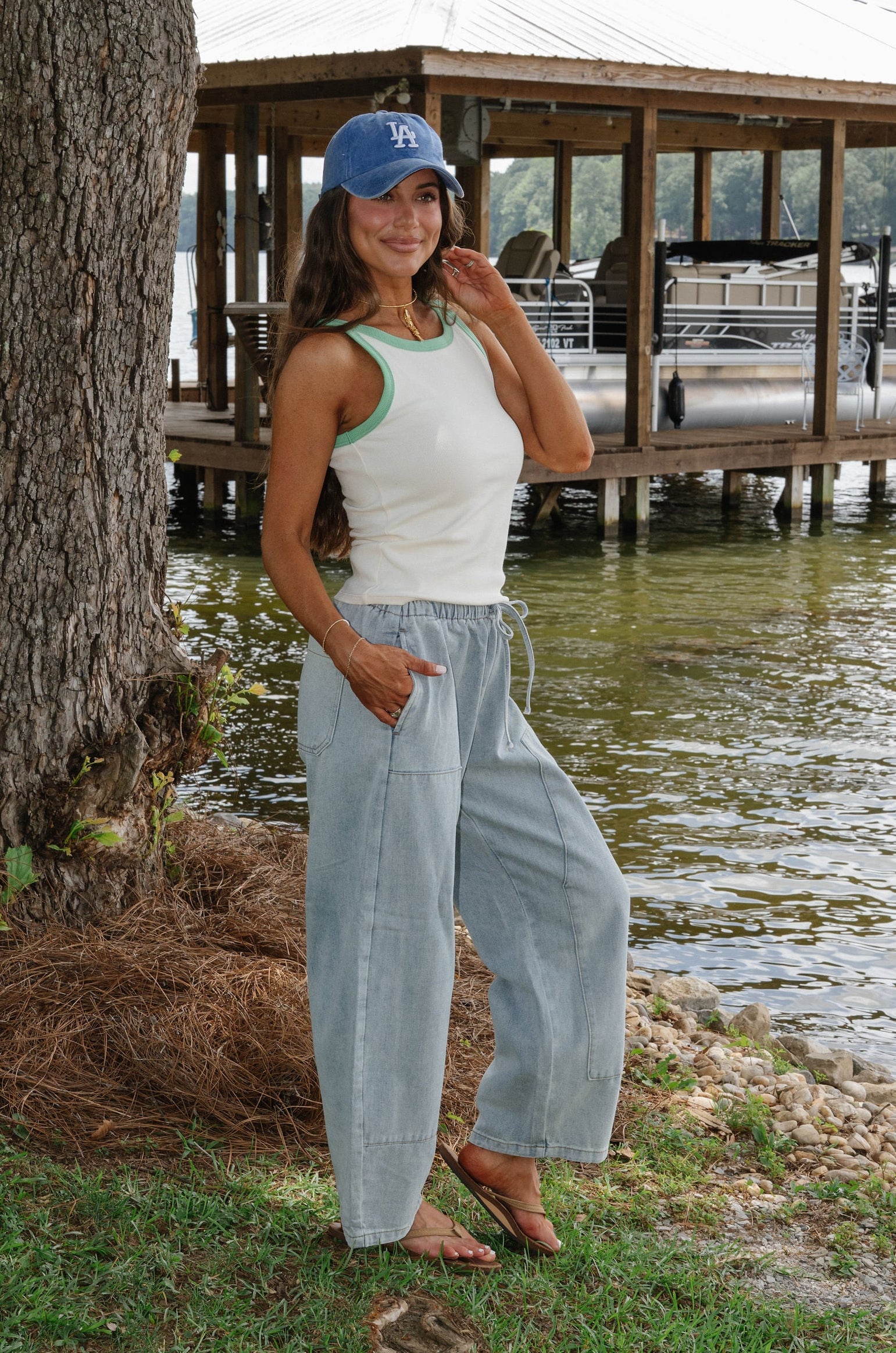Contrast Ribbed Tank- Cream/Green