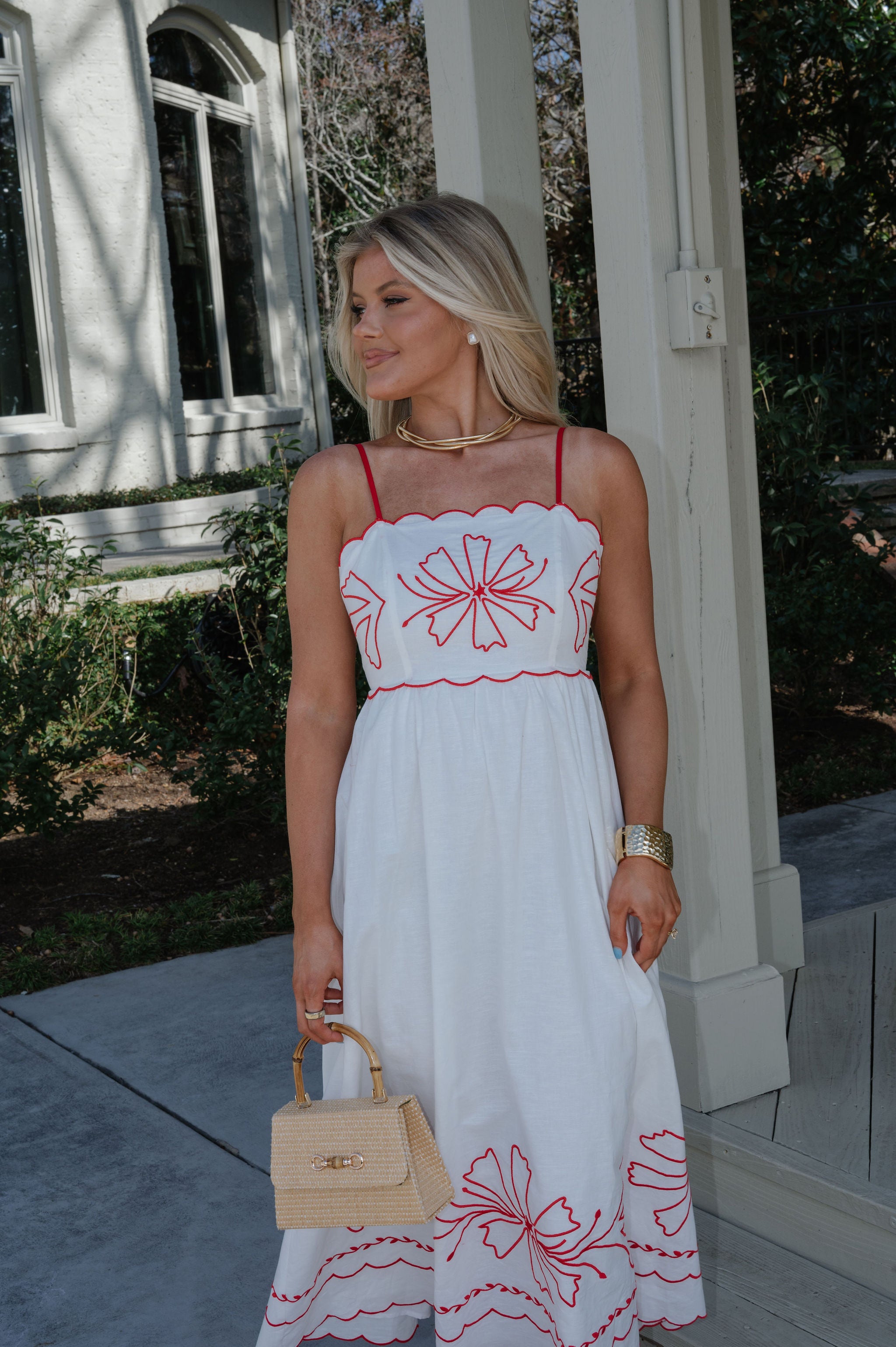 Corey Scalloped Detail Midi Dress-Red