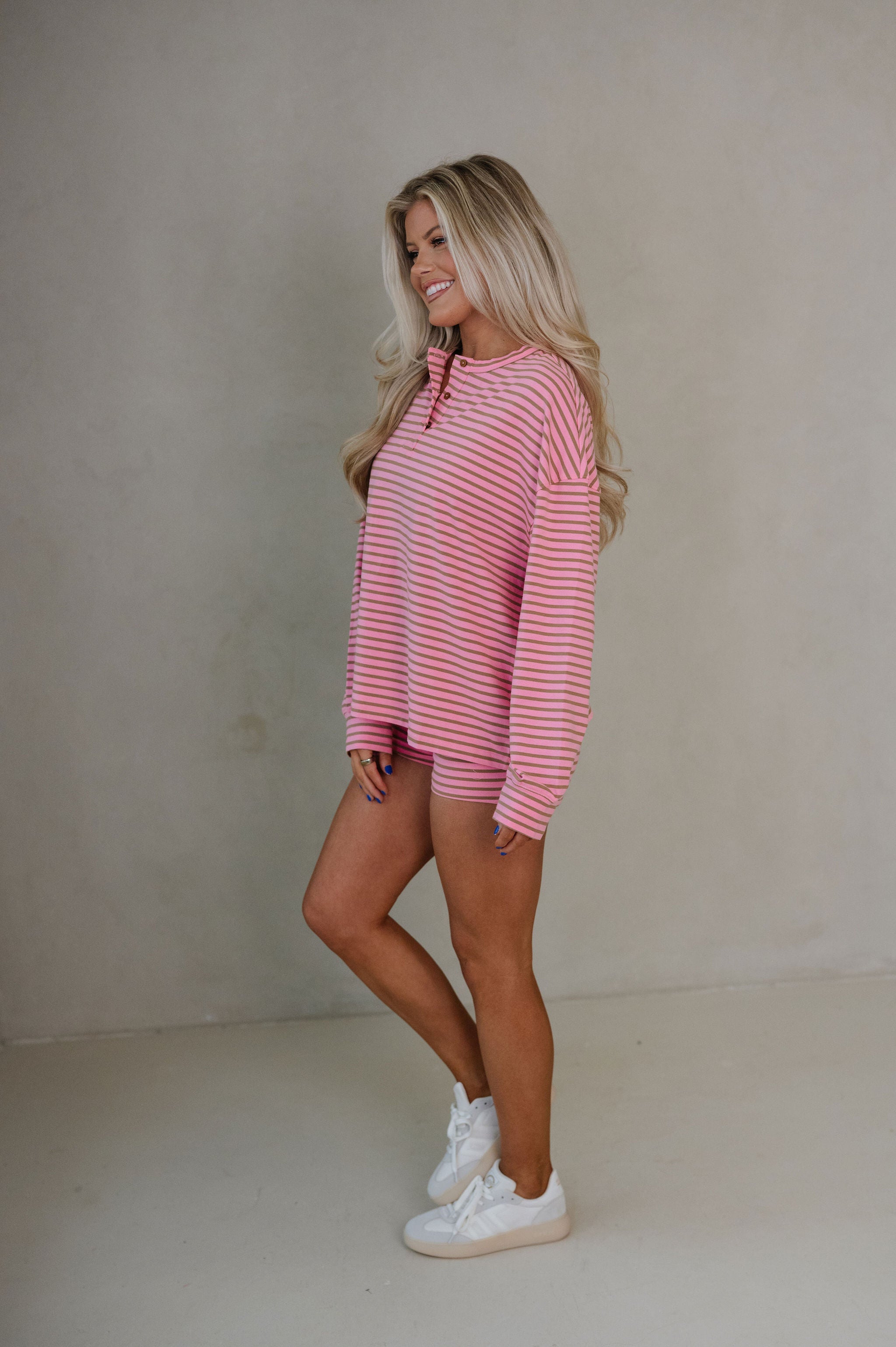 Kelsey Striped Shorts Set-Pink/Brown
