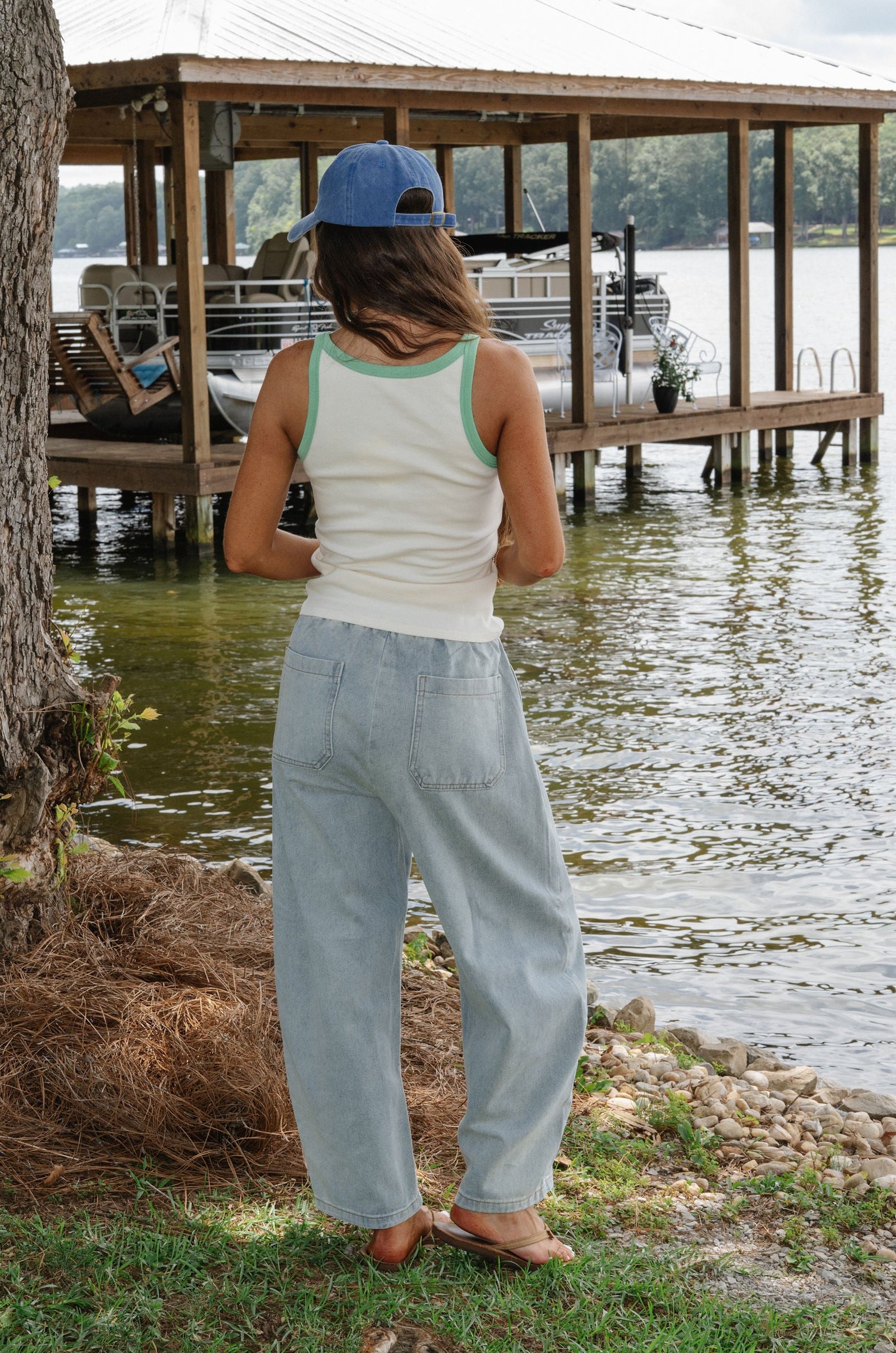 Contrast Ribbed Tank- Cream/Green
