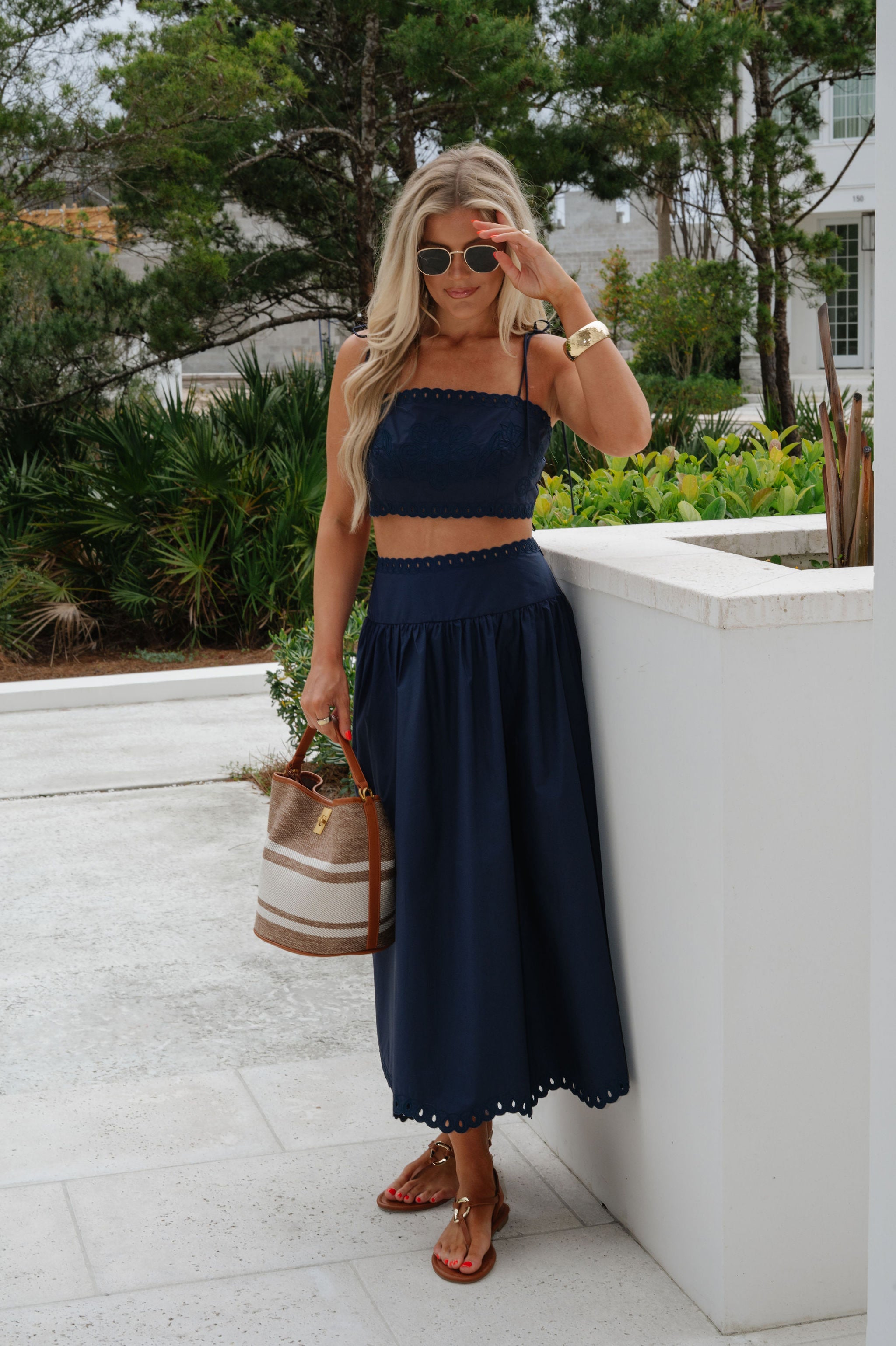 Luna Embroidered Midi Skirt Set-Navy