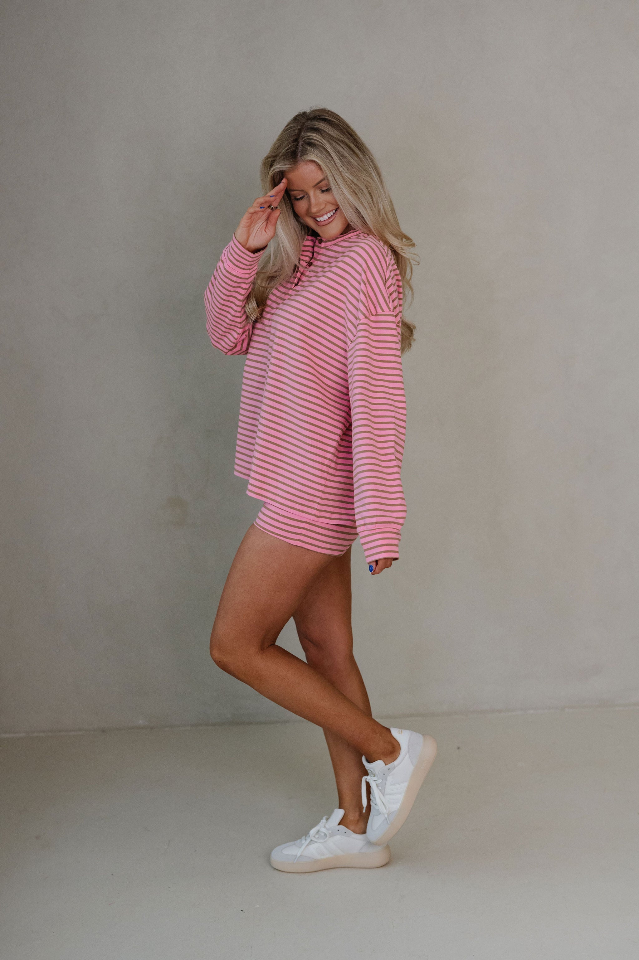 Kelsey Striped Shorts Set-Pink/Brown