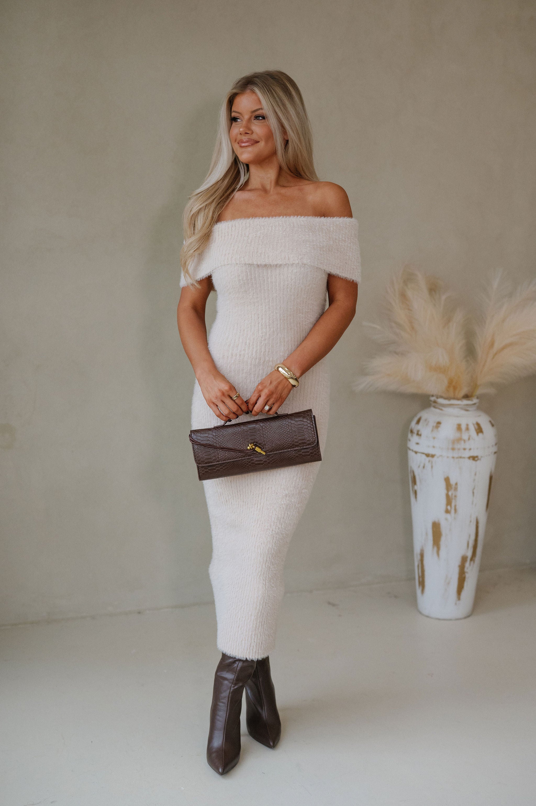 Fuzzy Fold Over Sweater Dress-Beige