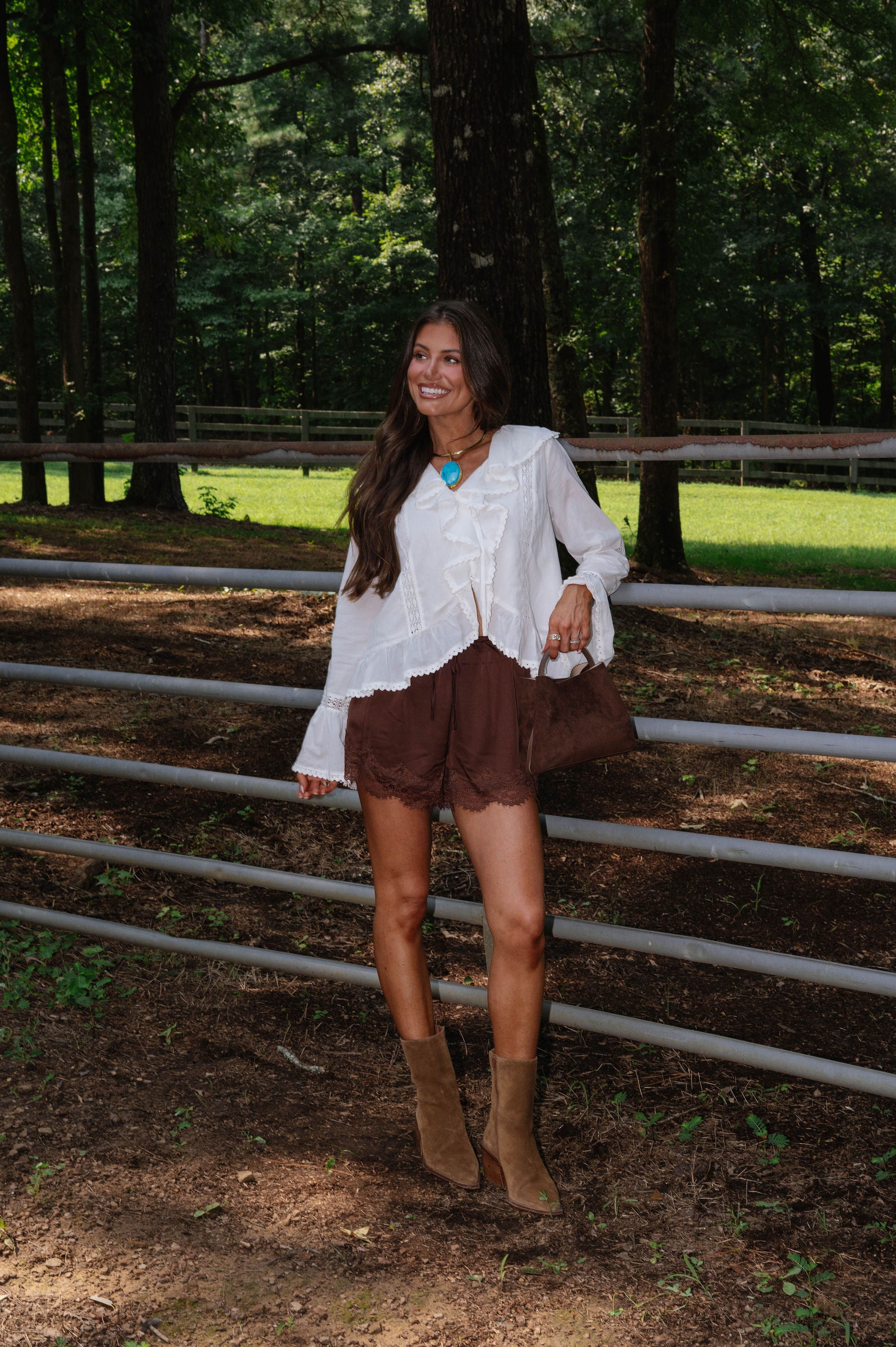 Scallop Lace Trim Satin Shorts-Espresso