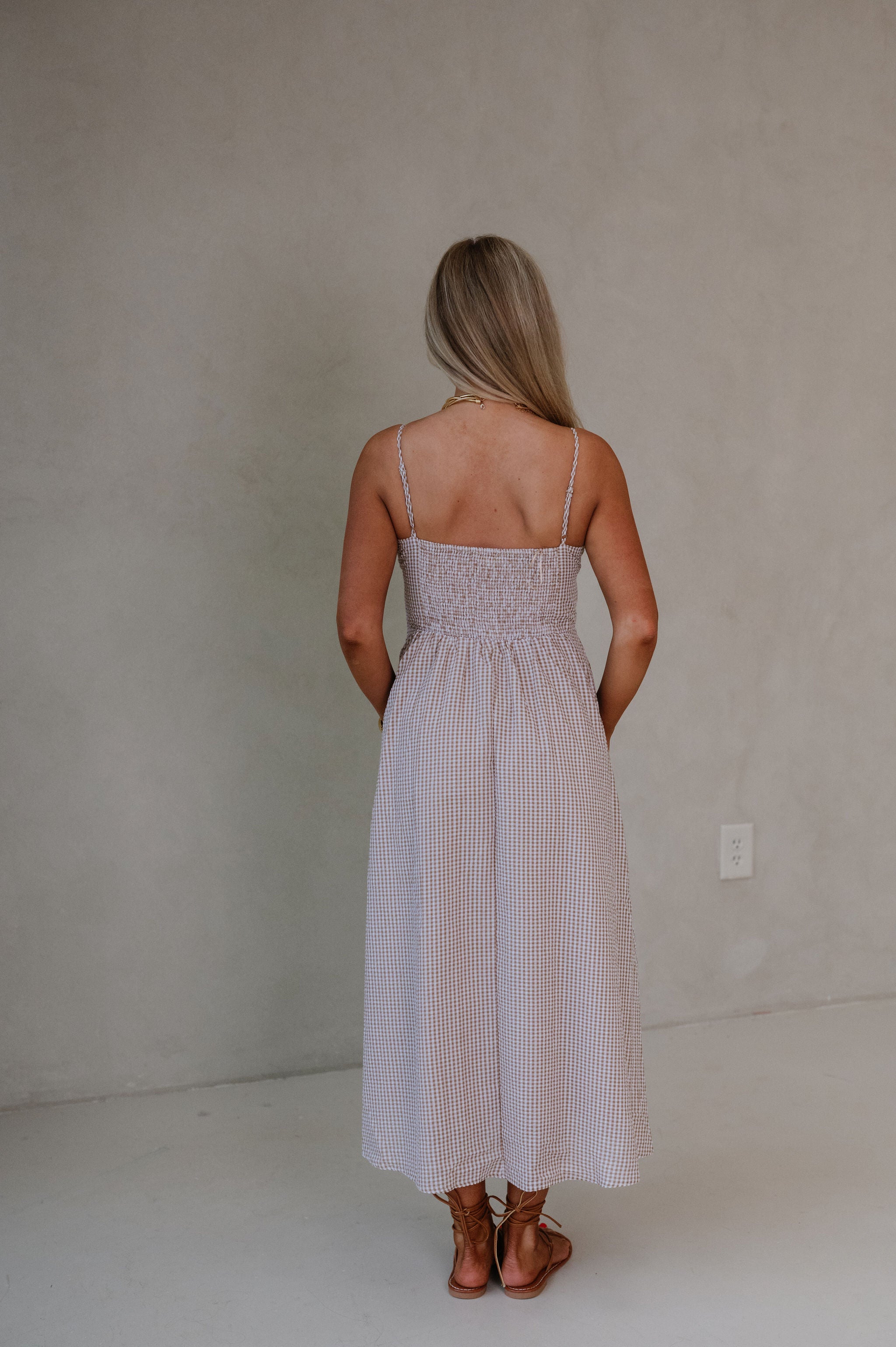 Sweet Escape Picnic Bow Dress-Taupe/White