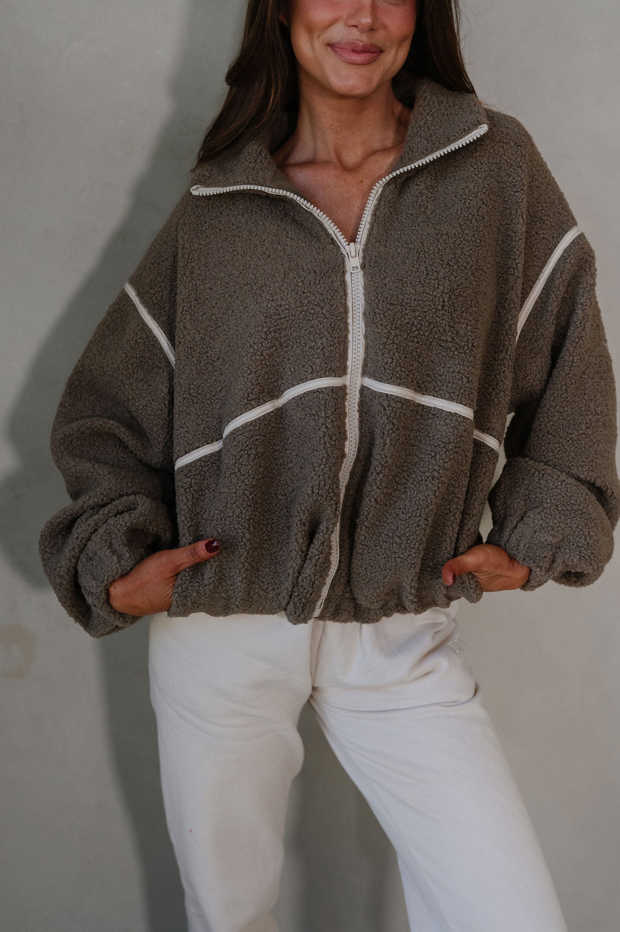 Bennie Leather Trimmed Jacket-Dark Stone