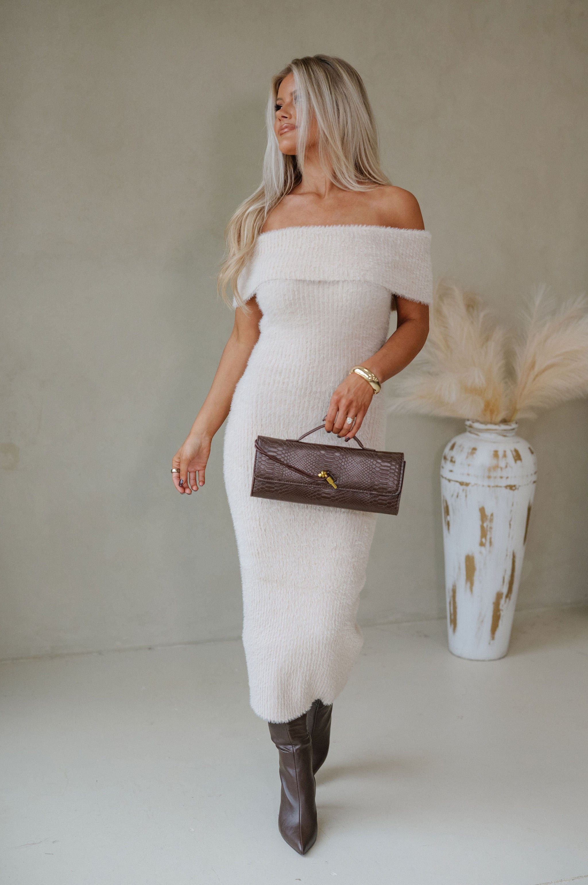 Fuzzy Fold Over Sweater Dress-Beige