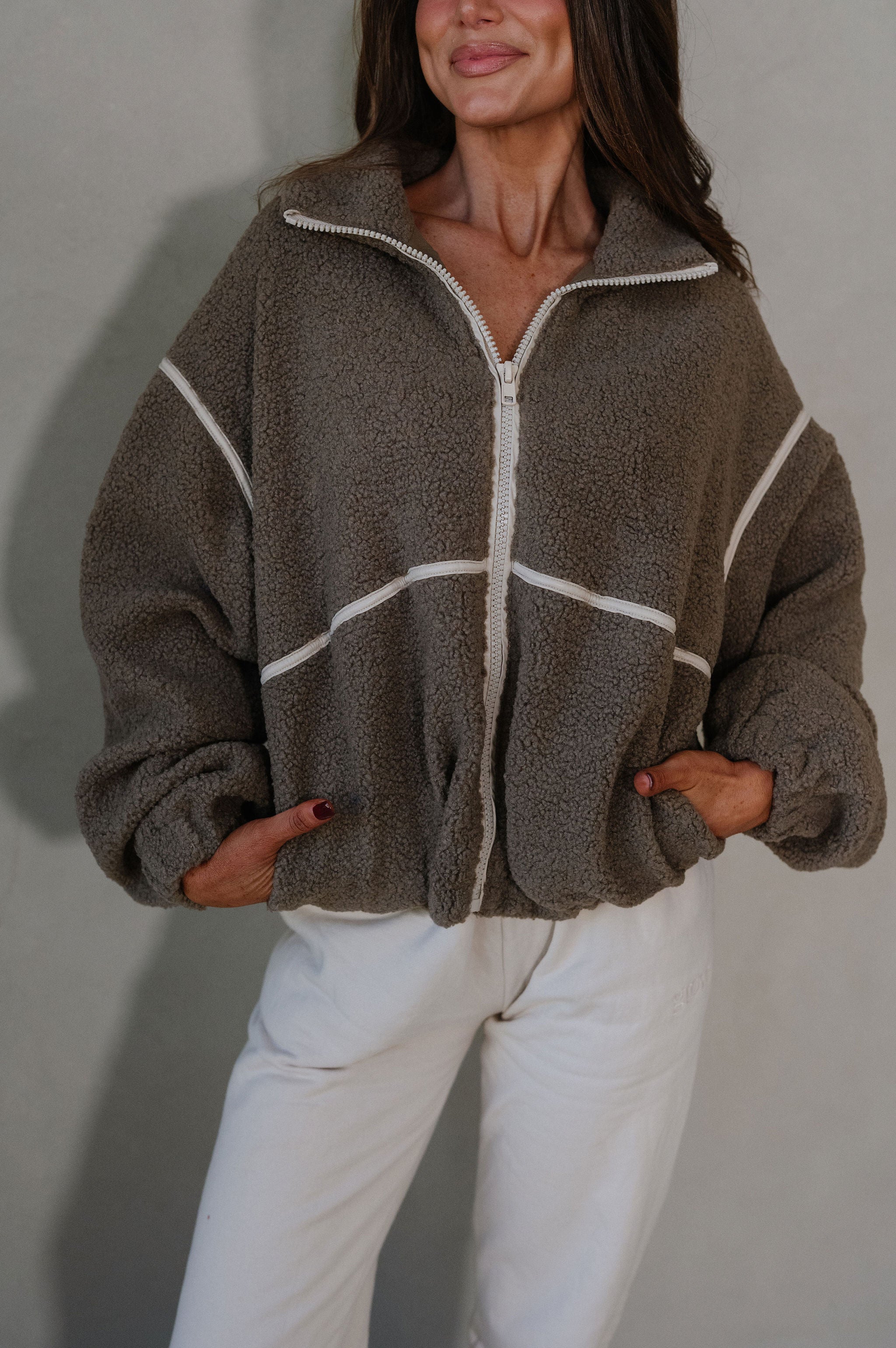 Bennie Leather Trimmed Jacket-Dark Stone