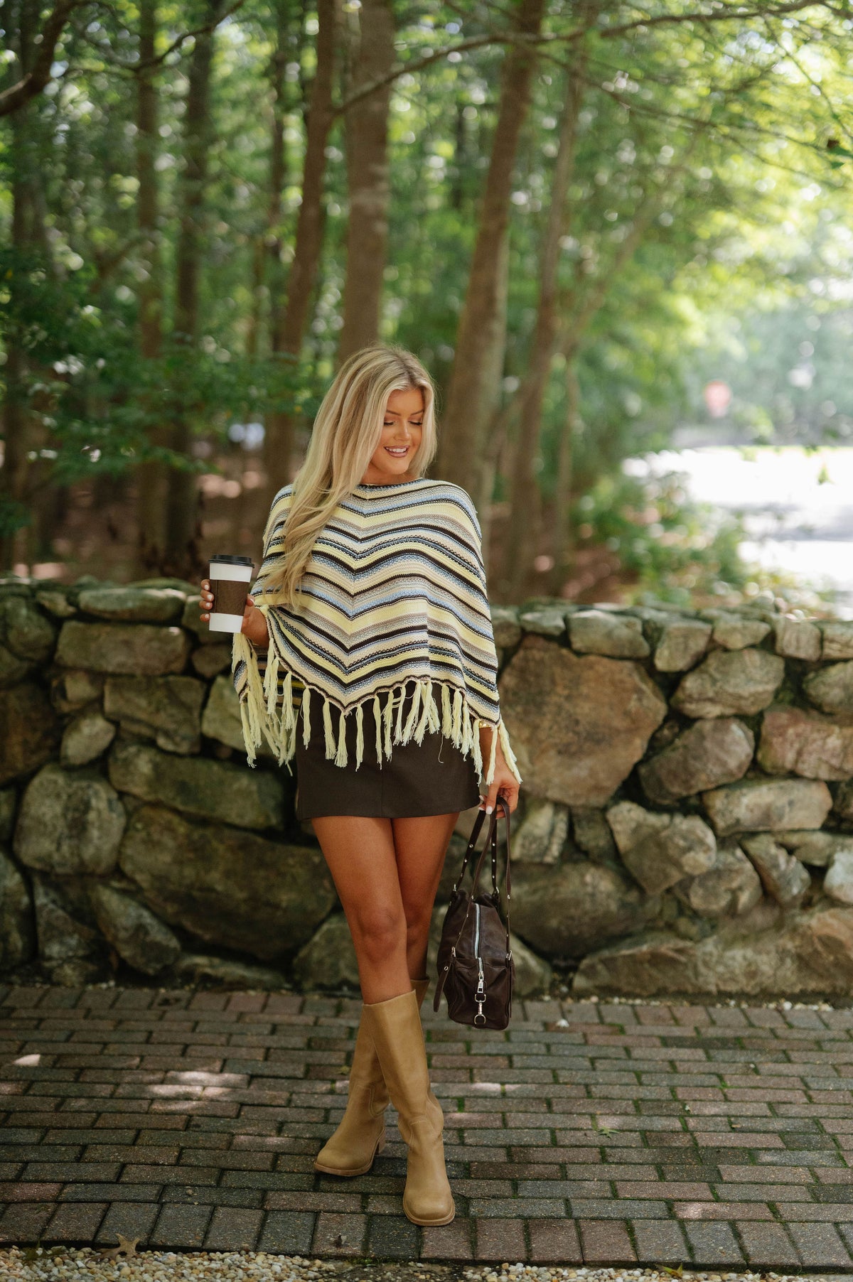 Chevron Striped Fringe Knit Poncho-Yellow