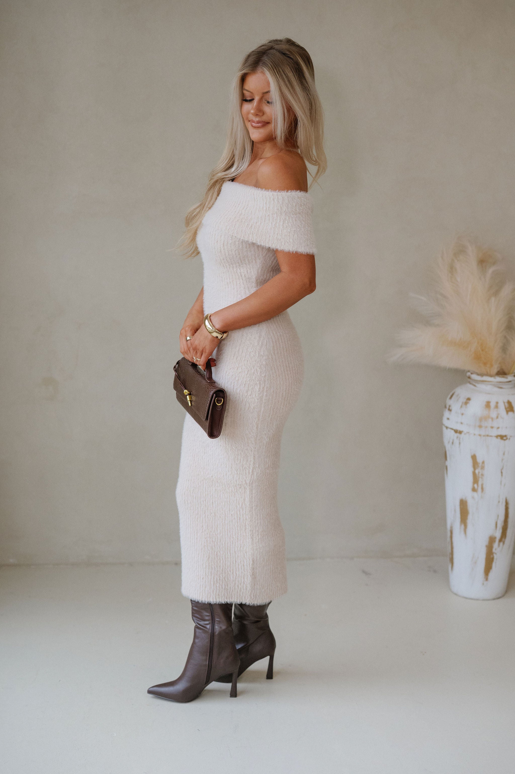 Fuzzy Fold Over Sweater Dress-Beige