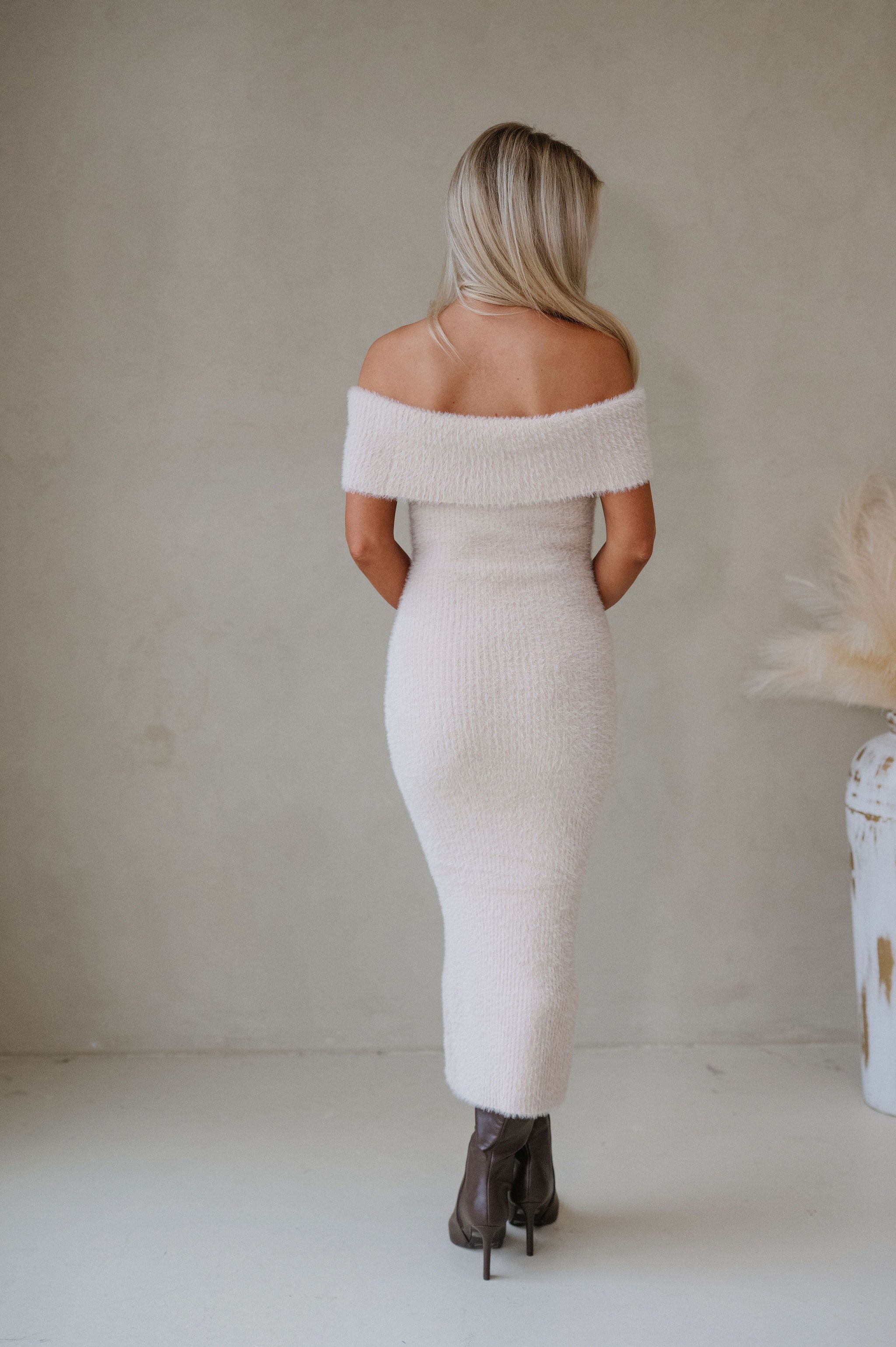 Fuzzy Fold Over Sweater Dress-Beige