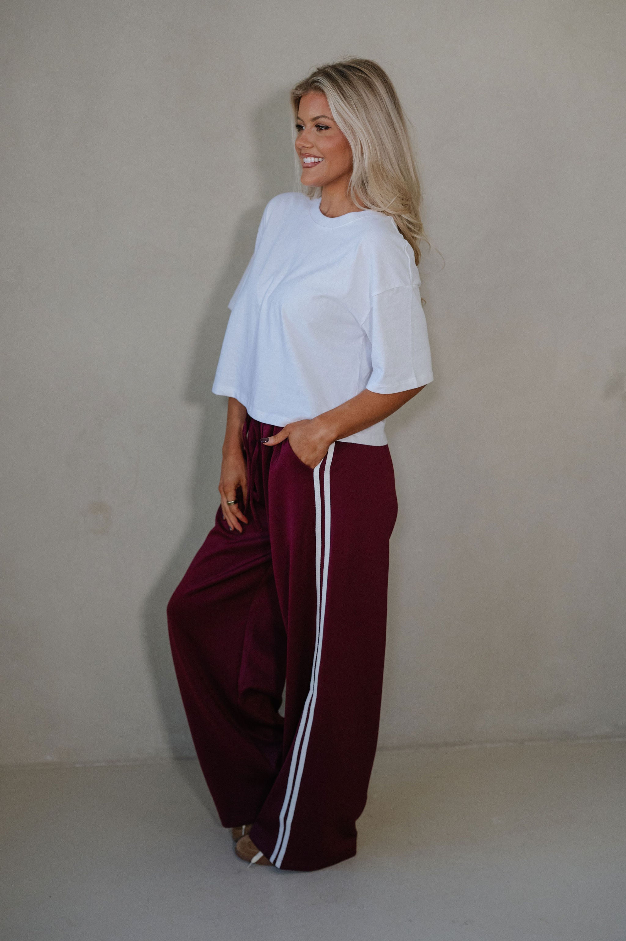 Wide Leg Track Pants-Maroon