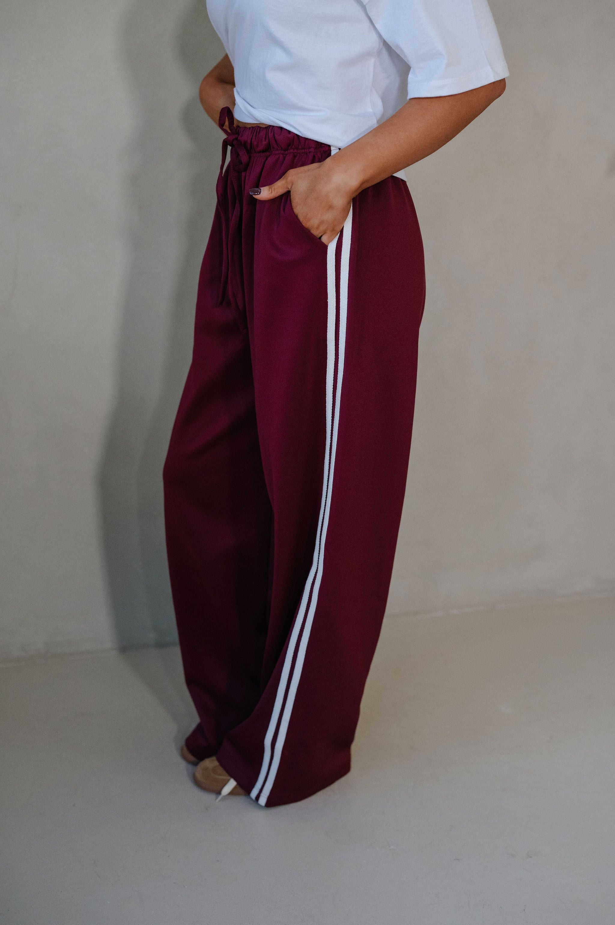 Wide Leg Track Pants-Maroon