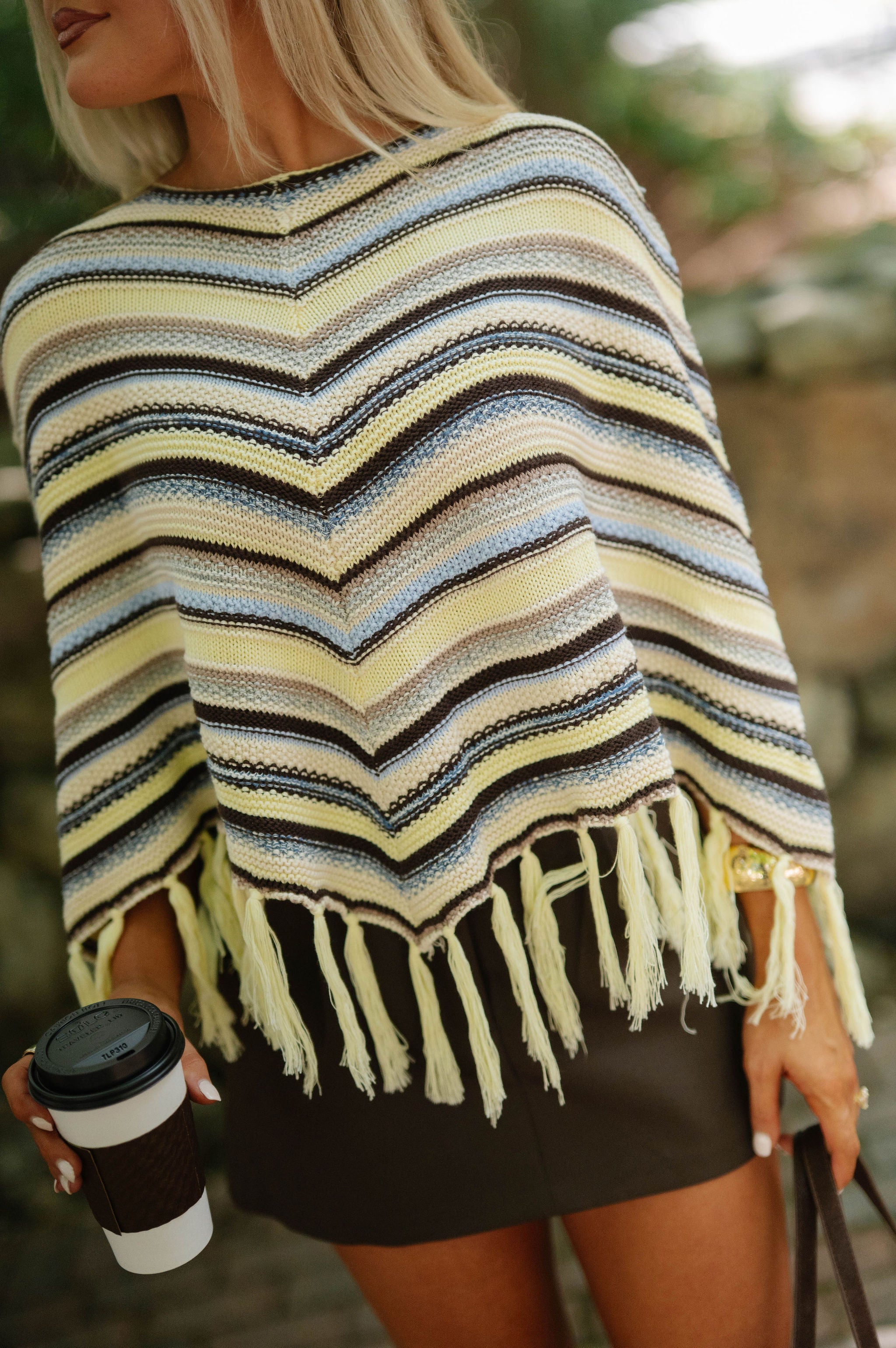 Chevron Striped Fringe Knit Poncho-Yellow