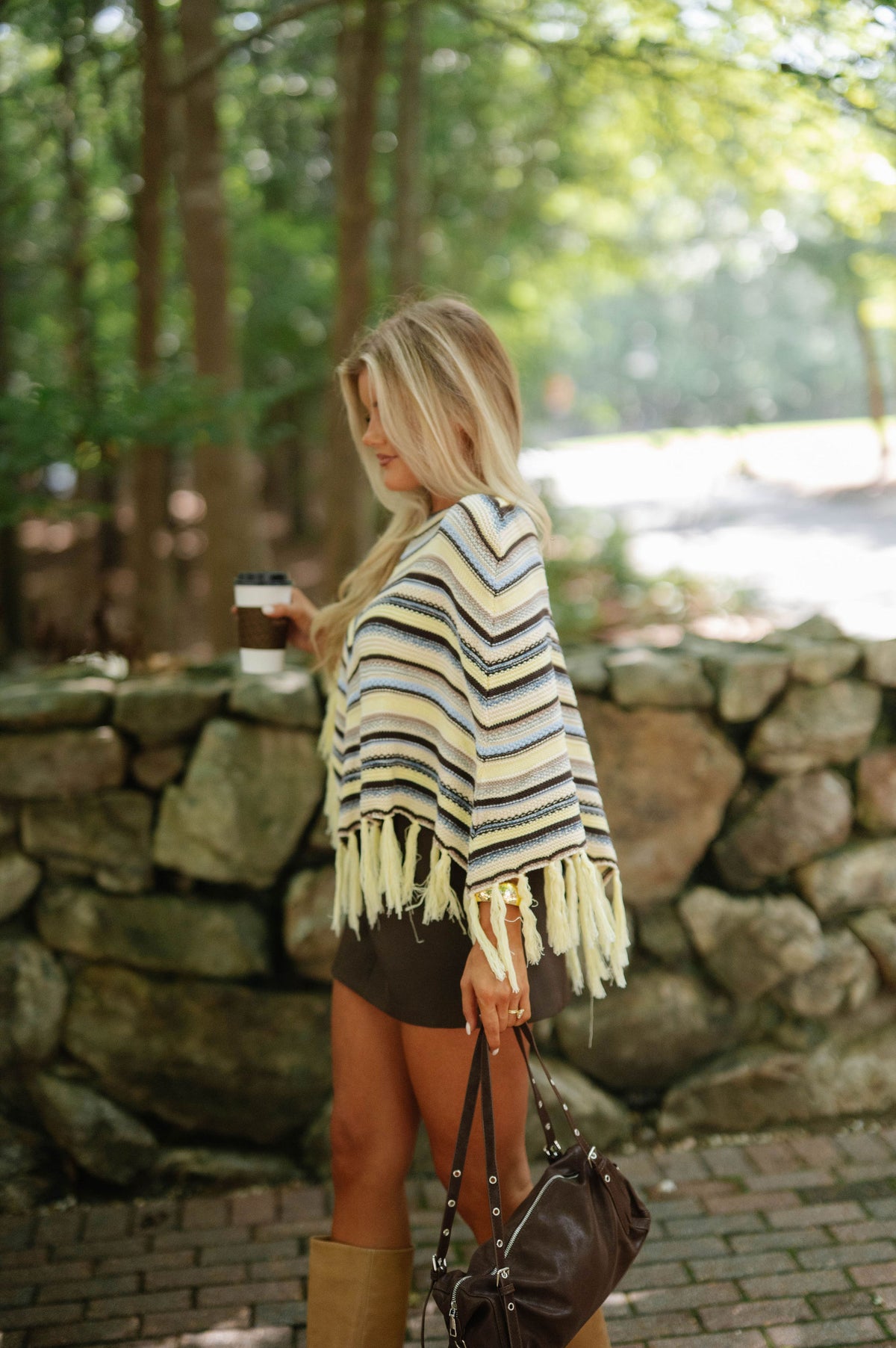 Chevron Striped Fringe Knit Poncho-Yellow