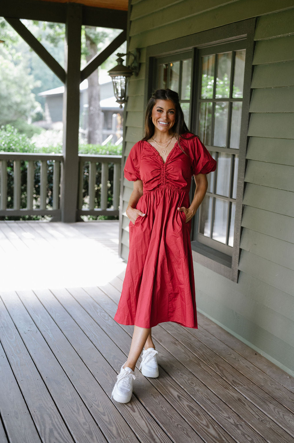 V-Neck Puff Sleeve Dress-Red